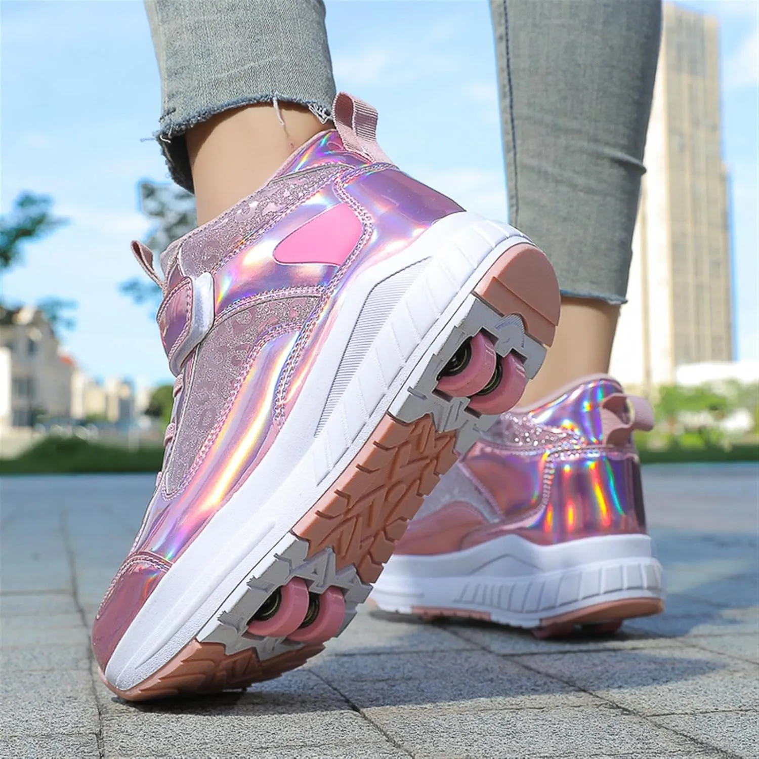 2024 Fashion Roller Skates Shoes for Girls High-Top, Pink Four-Wheel Skates Sneakers with Retractable Double Wheels, Perfect for Fitness and Cross-Training