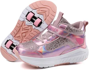 2024 Fashion Roller Skates Shoes for Girls High-Top, Pink Four-Wheel Skates Sneakers with Retractable Double Wheels, Perfect for Fitness and Cross-Training