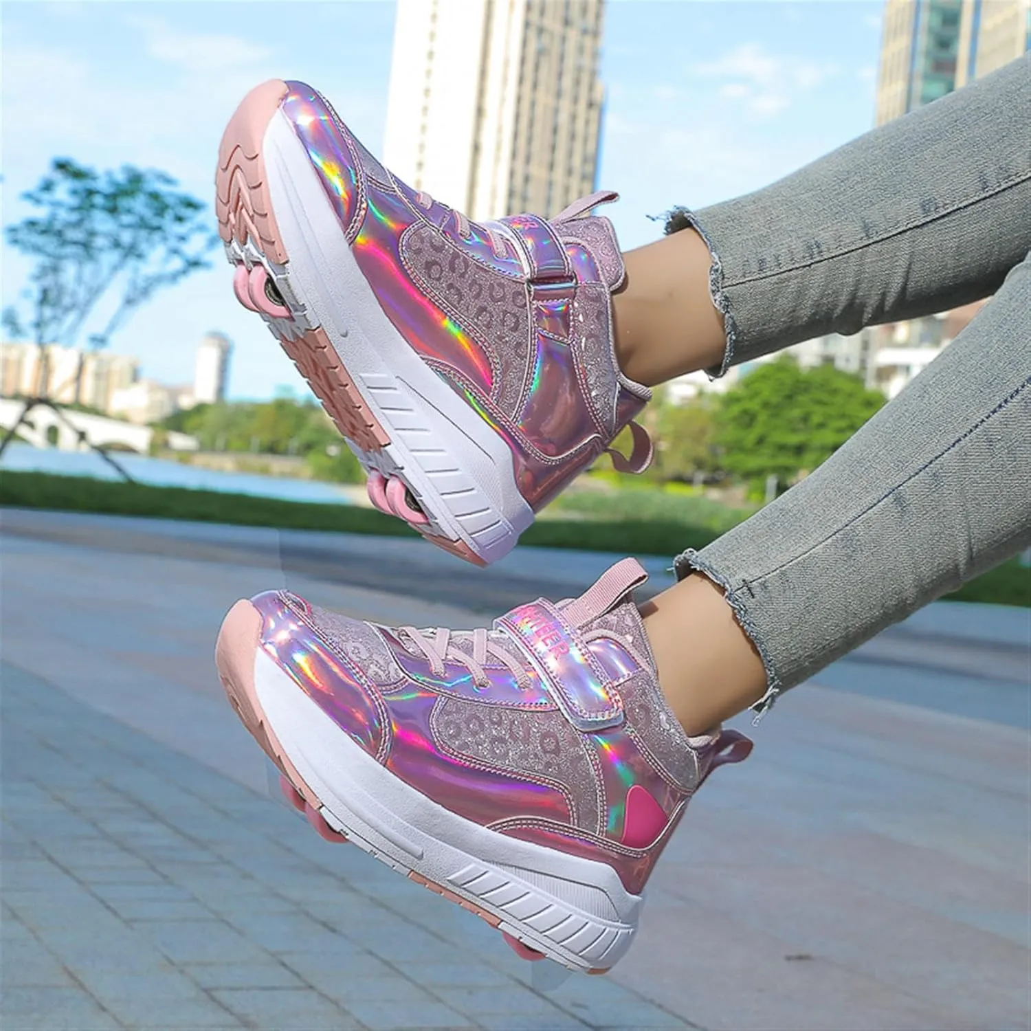 2024 Fashion Roller Skates Shoes for Girls High-Top, Pink Four-Wheel Skates Sneakers with Retractable Double Wheels, Perfect for Fitness and Cross-Training