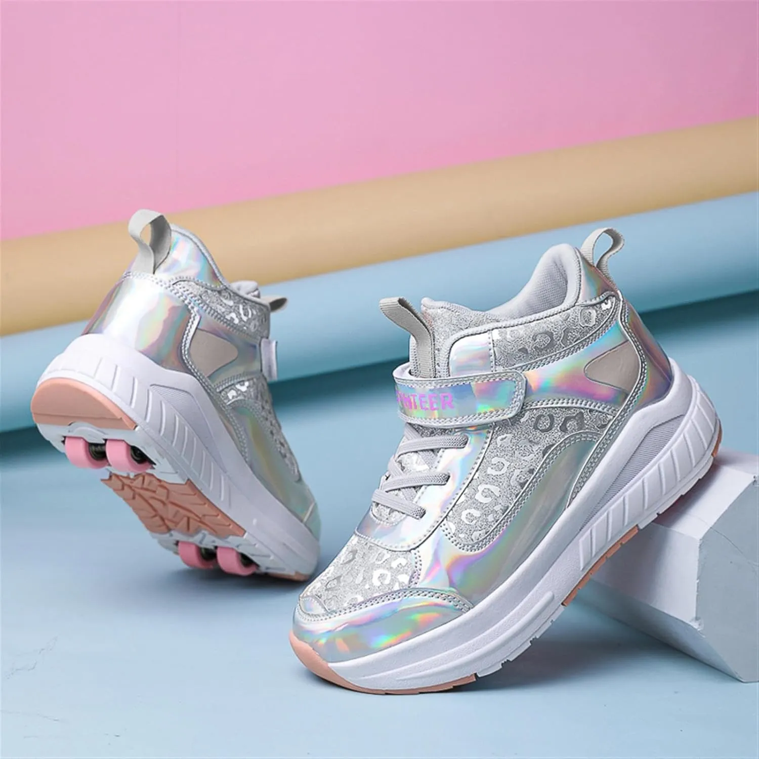 2024 Fashion Roller Skates Shoes for Girls High-Top, Pink Four-Wheel Skates Sneakers with Retractable Double Wheels, Perfect for Fitness and Cross-Training