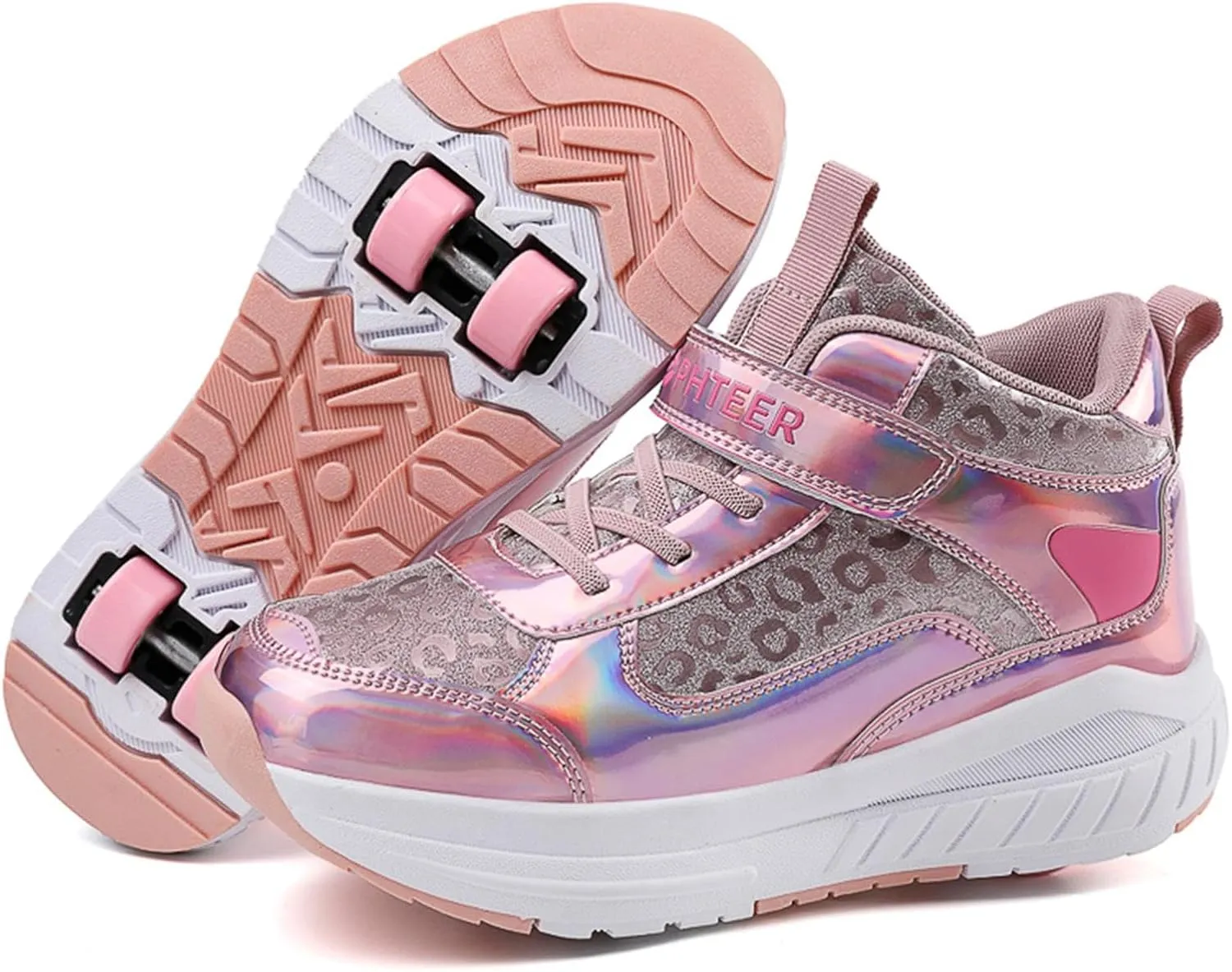 2024 Fashion Roller Skates Shoes for Girls High-Top, Pink Four-Wheel Skates Sneakers with Retractable Double Wheels, Perfect for Fitness and Cross-Training