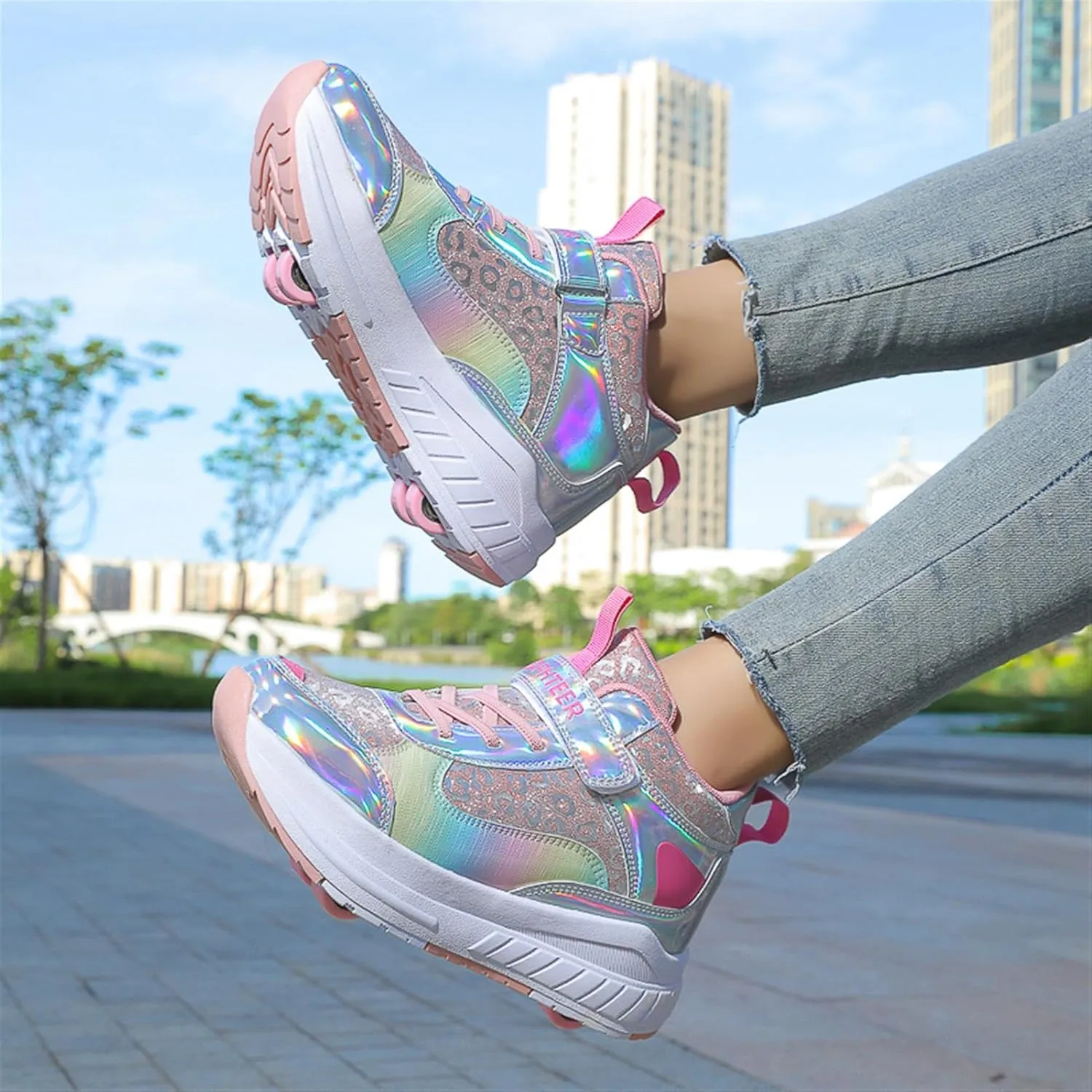 2024 Fashion Roller Skates Shoes for Girls High-Top, Pink Four-Wheel Skates Sneakers with Retractable Double Wheels, Perfect for Fitness and Cross-Training
