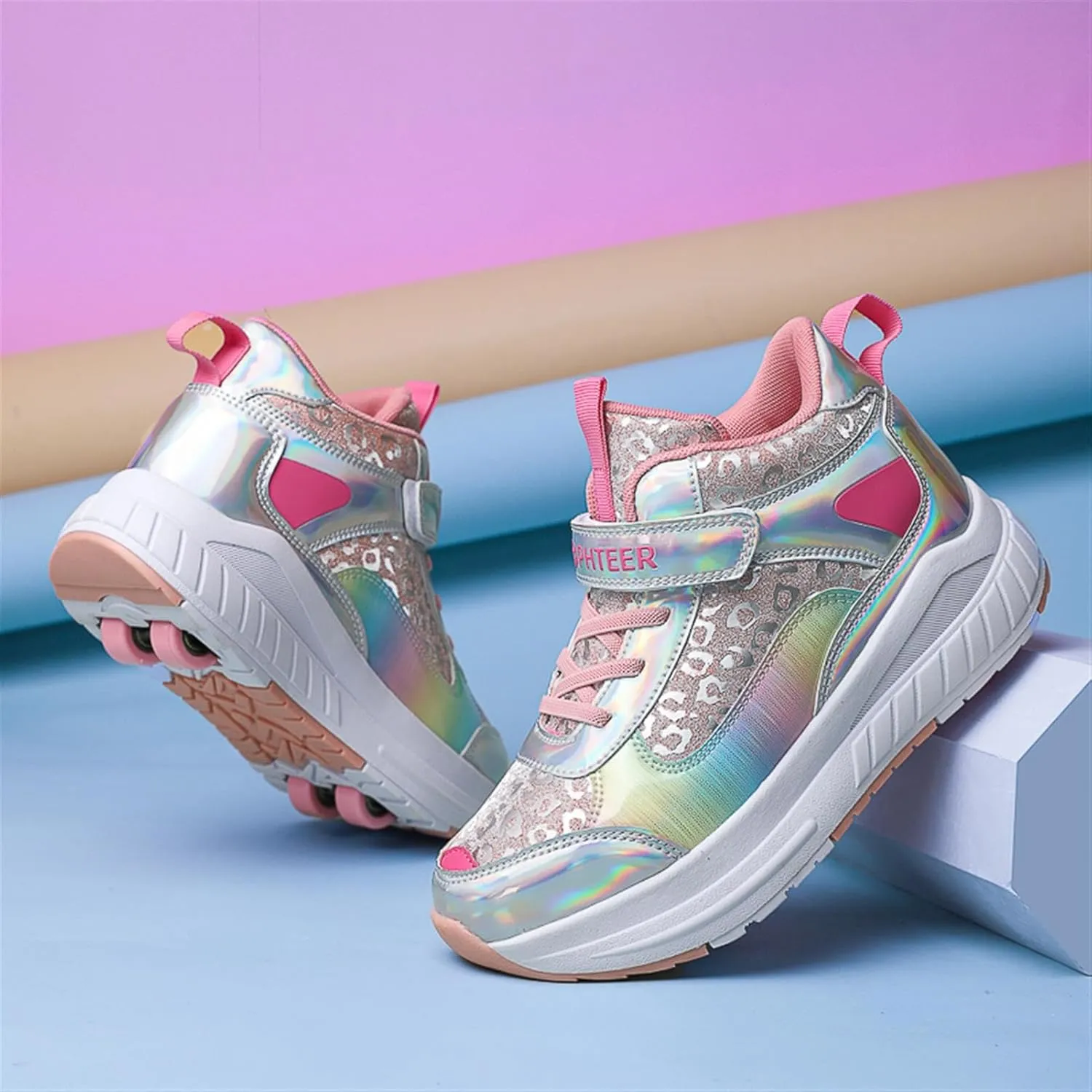 2024 Fashion Roller Skates Shoes for Girls High-Top, Pink Four-Wheel Skates Sneakers with Retractable Double Wheels, Perfect for Fitness and Cross-Training