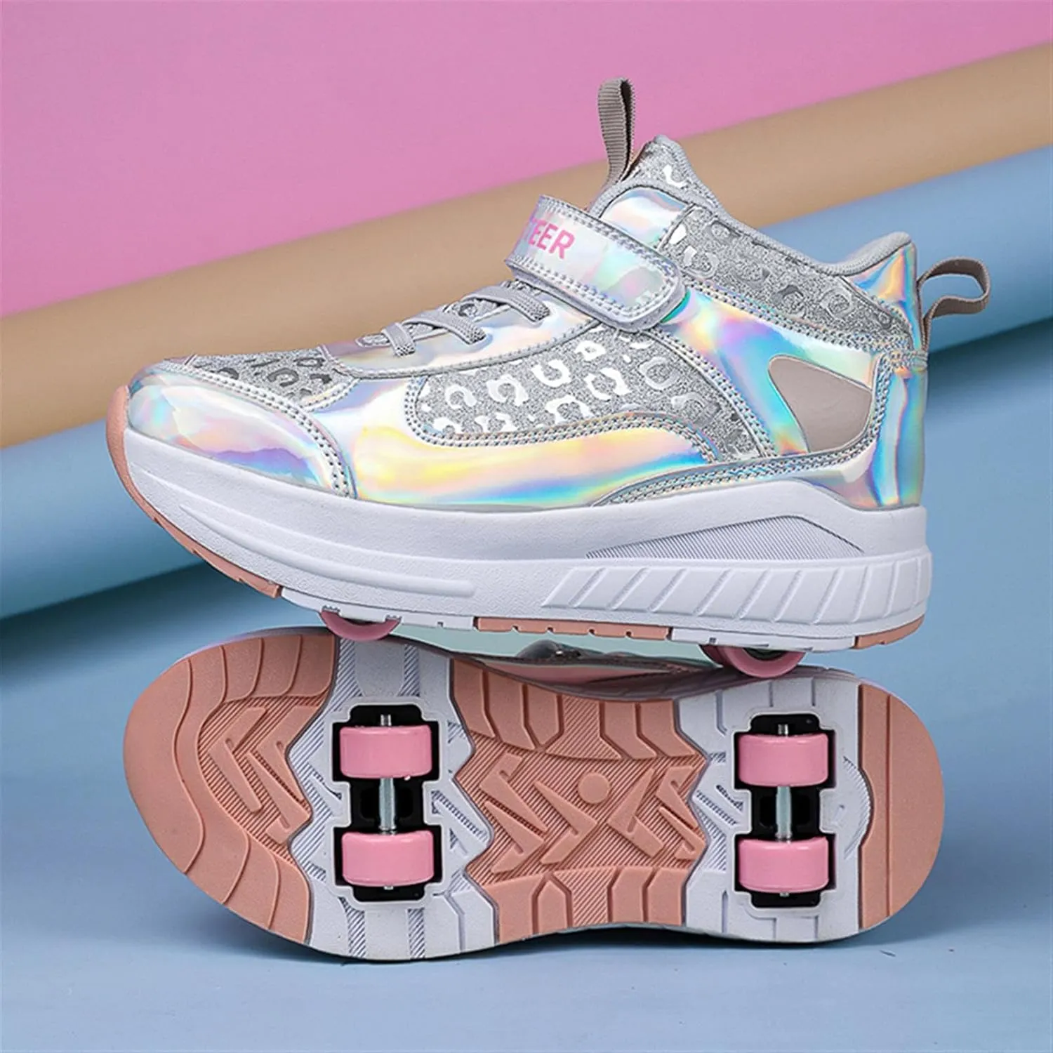 2024 Fashion Roller Skates Shoes for Girls High-Top, Pink Four-Wheel Skates Sneakers with Retractable Double Wheels, Perfect for Fitness and Cross-Training