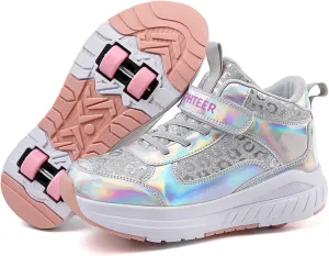 2024 Fashion Roller Skates Shoes for Girls High-Top, Pink Four-Wheel Skates Sneakers with Retractable Double Wheels, Perfect for Fitness and Cross-Training
