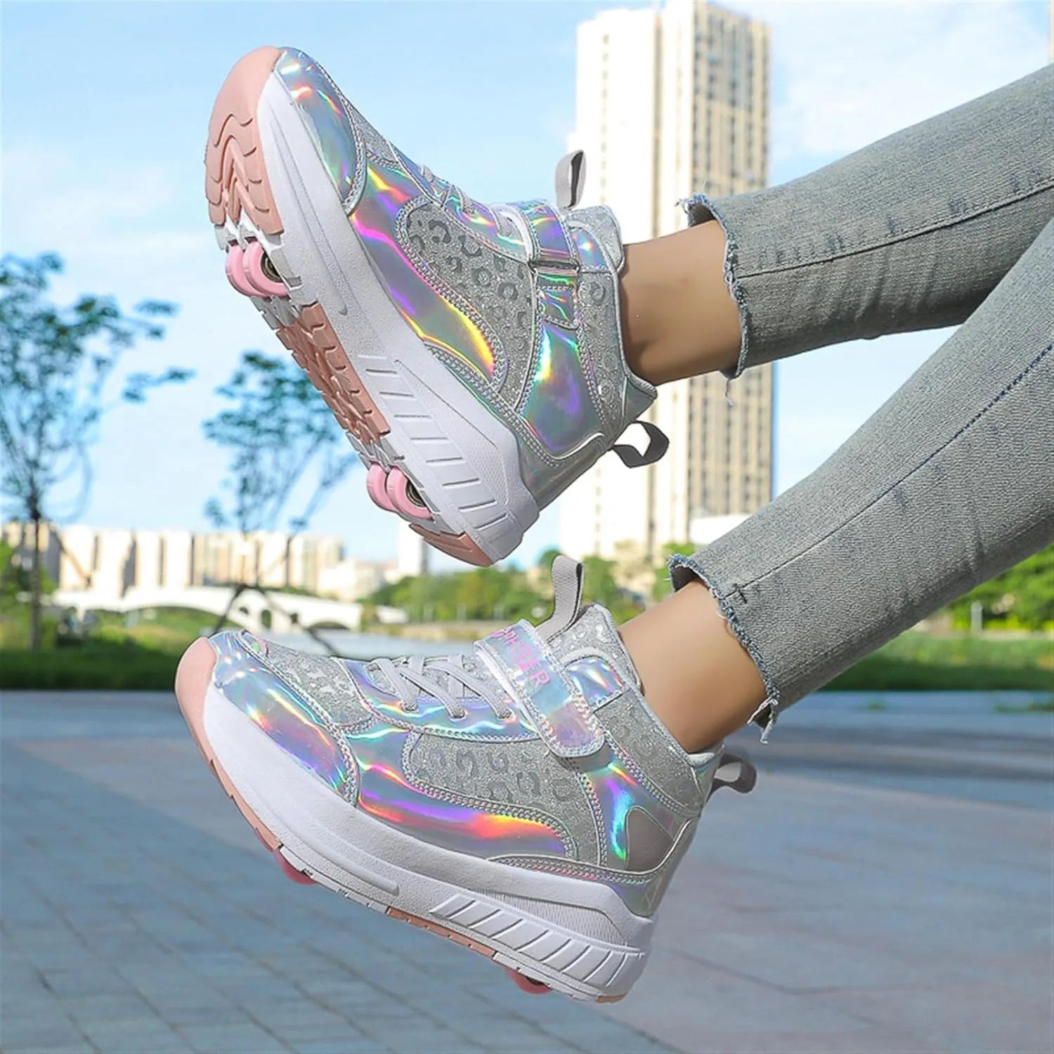 2024 Fashion Roller Skates Shoes for Girls High-Top, Pink Four-Wheel Skates Sneakers with Retractable Double Wheels, Perfect for Fitness and Cross-Training