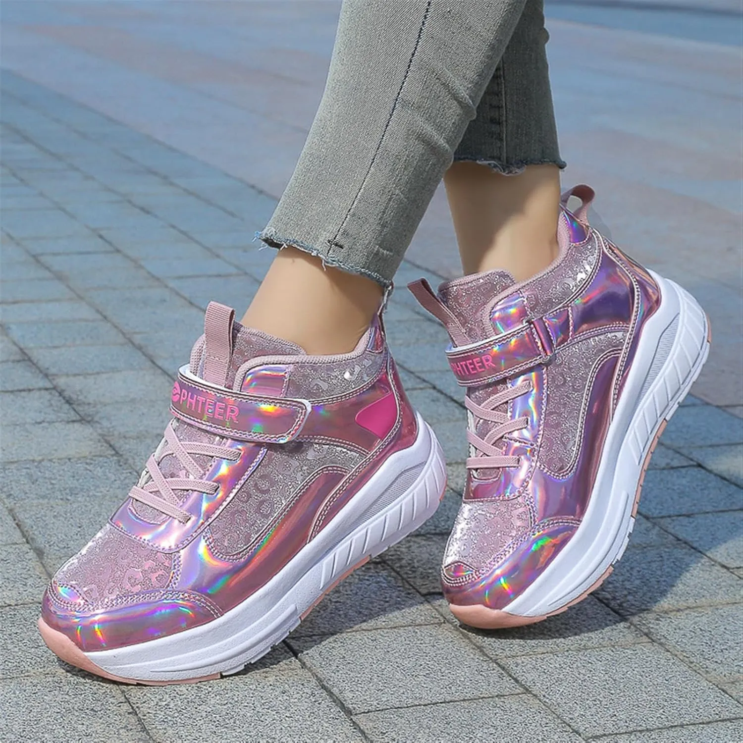 2024 Fashion Roller Skates Shoes for Girls High-Top, Pink Four-Wheel Skates Sneakers with Retractable Double Wheels, Perfect for Fitness and Cross-Training