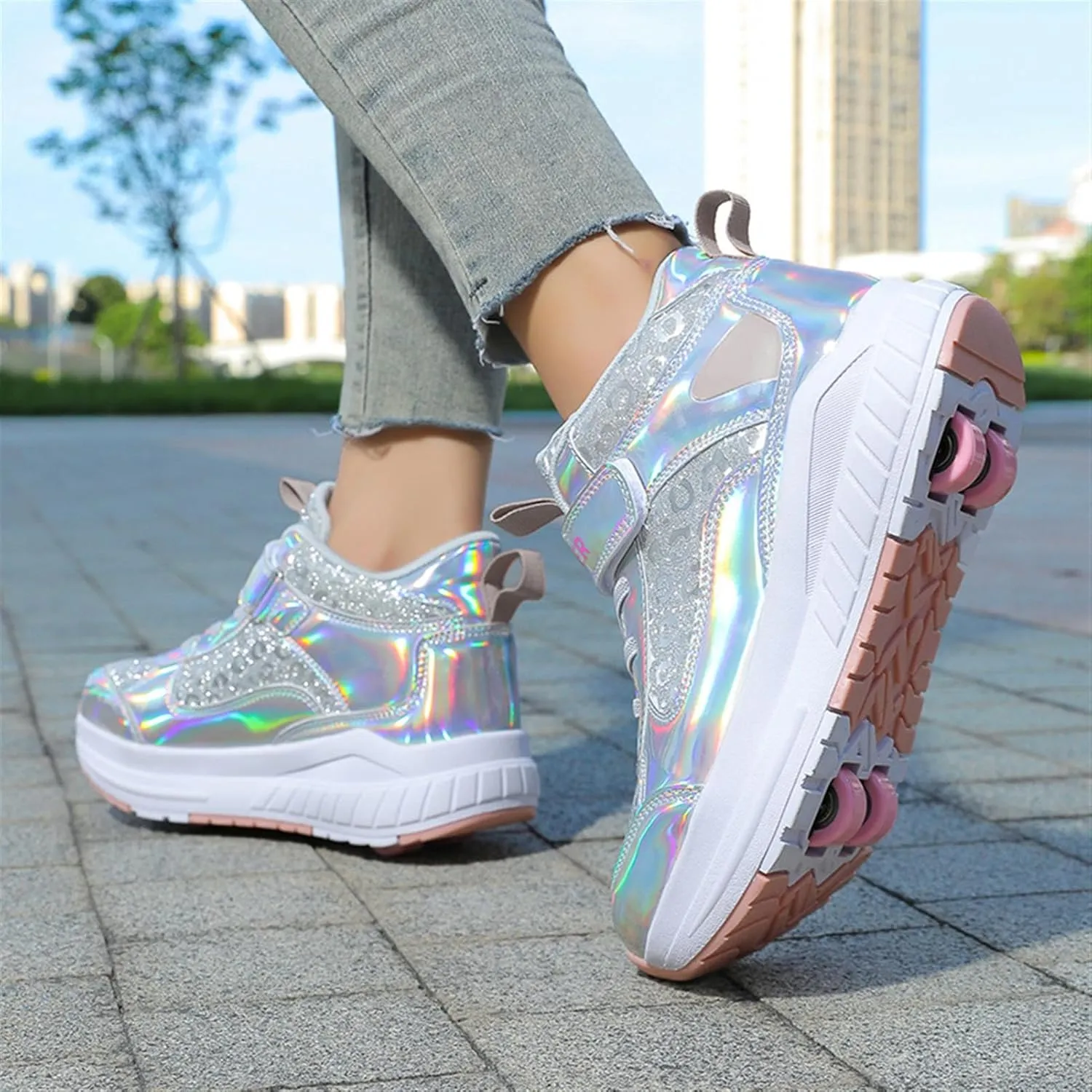 2024 Fashion Roller Skates Shoes for Girls High-Top, Pink Four-Wheel Skates Sneakers with Retractable Double Wheels, Perfect for Fitness and Cross-Training