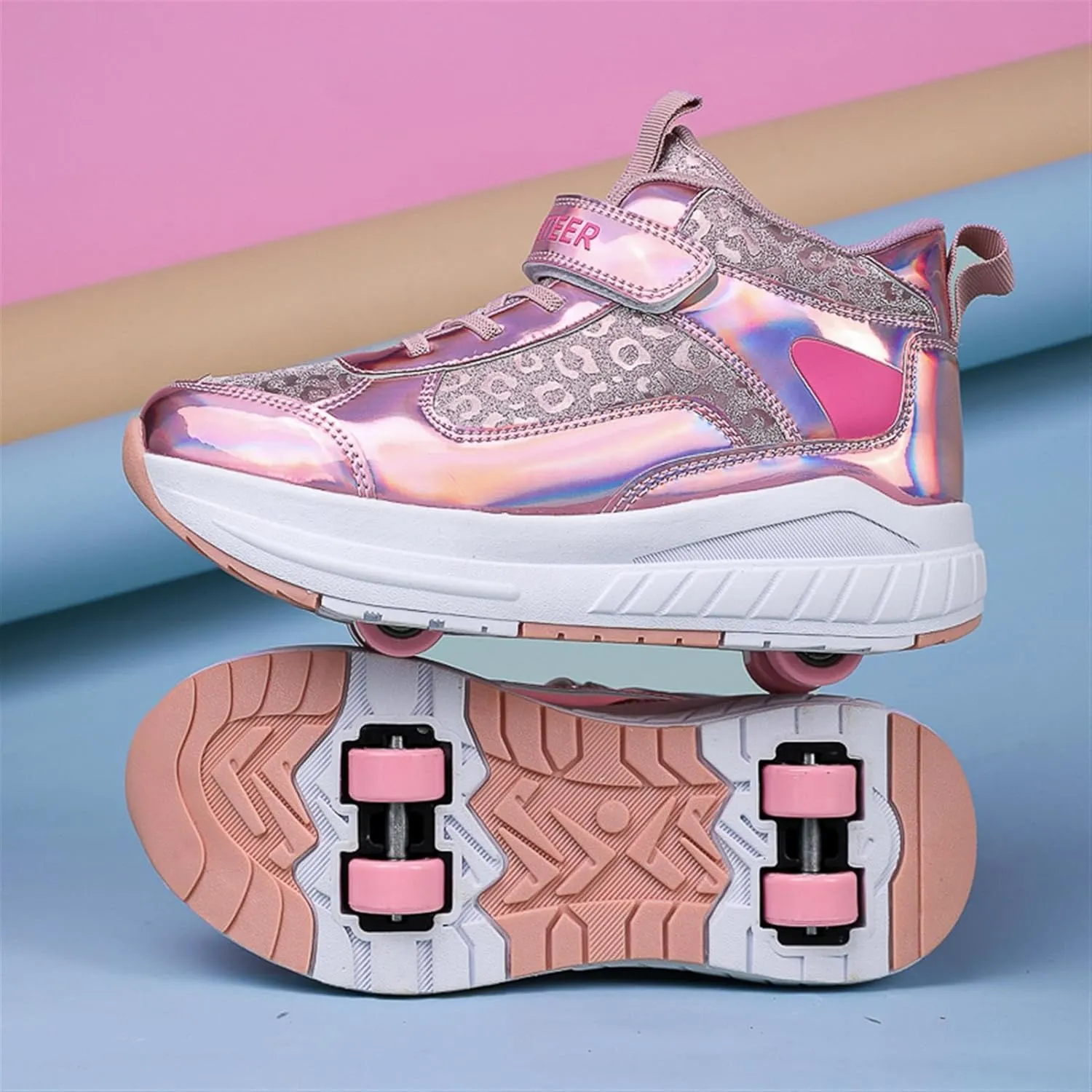 2024 Fashion Roller Skates Shoes for Girls High-Top, Pink Four-Wheel Skates Sneakers with Retractable Double Wheels, Perfect for Fitness and Cross-Training