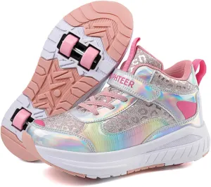 2024 Fashion Roller Skates Shoes for Girls High-Top, Pink Four-Wheel Skates Sneakers with Retractable Double Wheels, Perfect for Fitness and Cross-Training