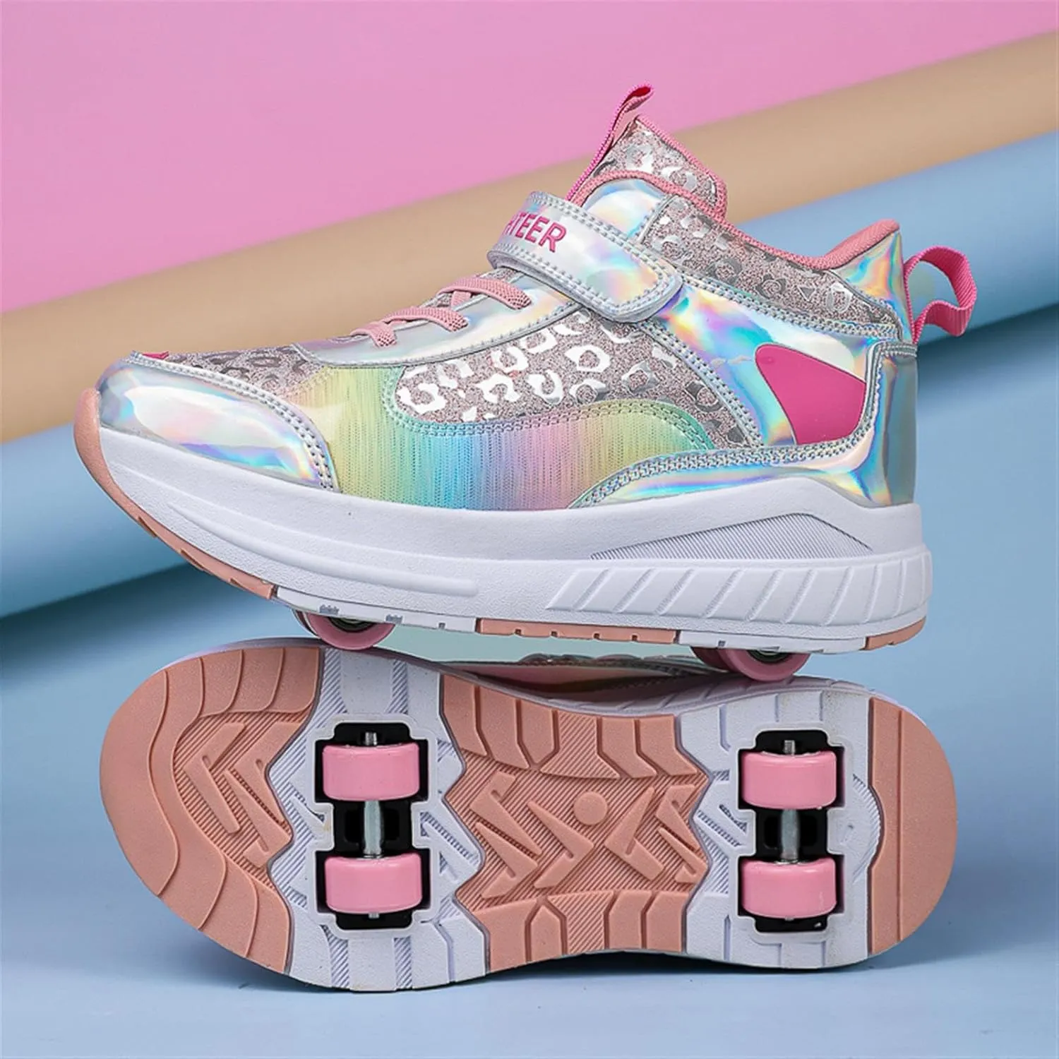 2024 Fashion Roller Skates Shoes for Girls High-Top, Pink Four-Wheel Skates Sneakers with Retractable Double Wheels, Perfect for Fitness and Cross-Training