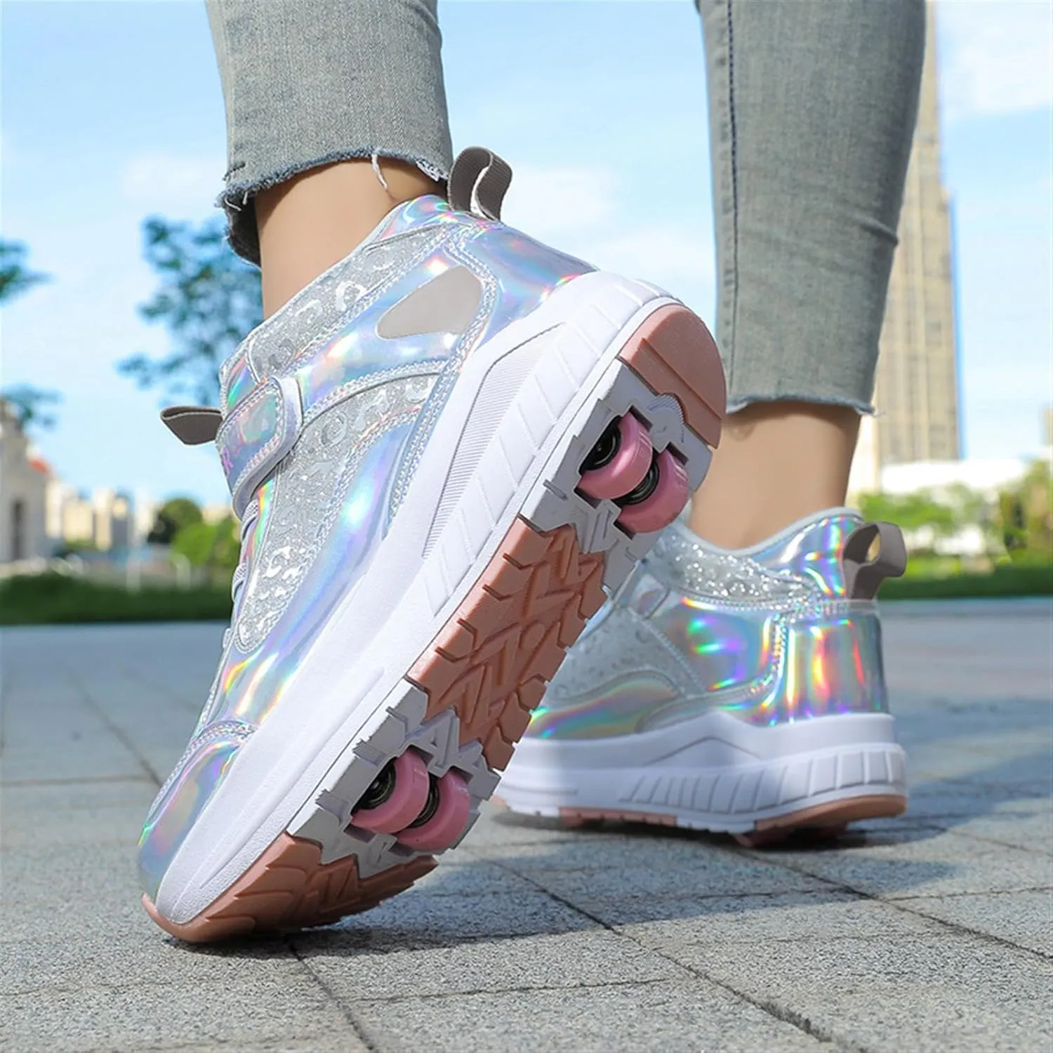 2024 Fashion Roller Skates Shoes for Girls High-Top, Pink Four-Wheel Skates Sneakers with Retractable Double Wheels, Perfect for Fitness and Cross-Training