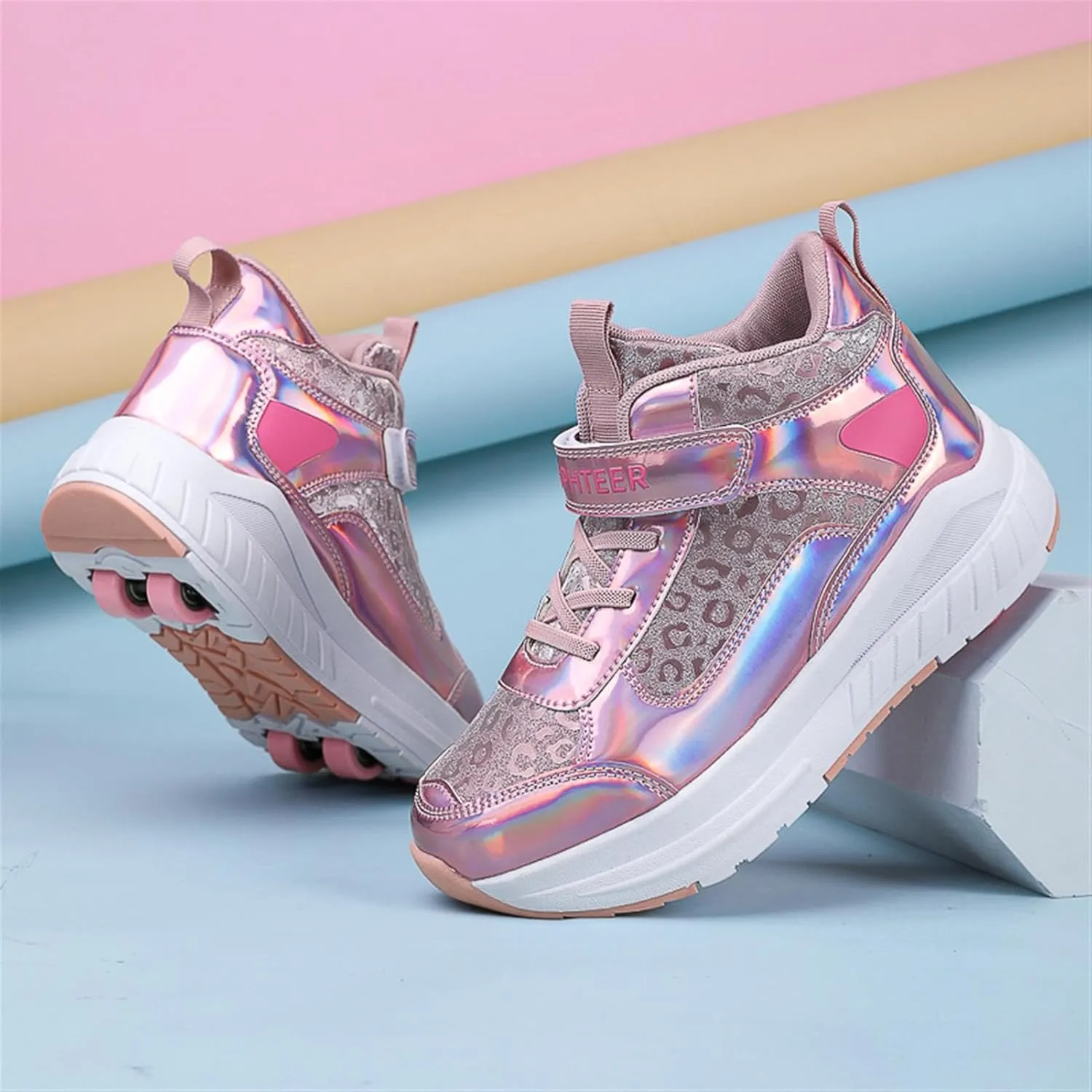 2024 Fashion Roller Skates Shoes for Girls High-Top, Pink Four-Wheel Skates Sneakers with Retractable Double Wheels, Perfect for Fitness and Cross-Training