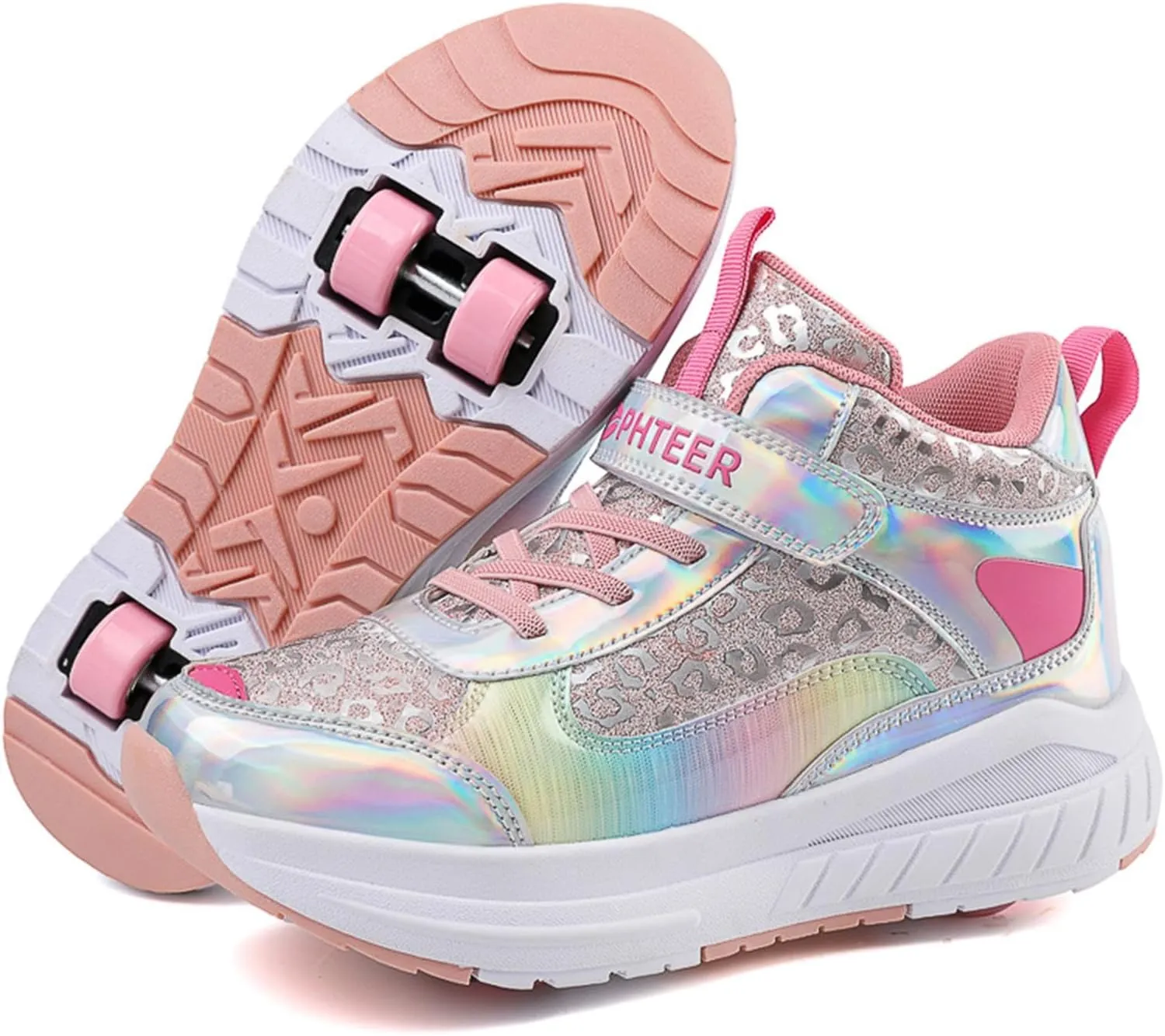 2024 Fashion Roller Skates Shoes for Girls High-Top, Pink Four-Wheel Skates Sneakers with Retractable Double Wheels, Perfect for Fitness and Cross-Training