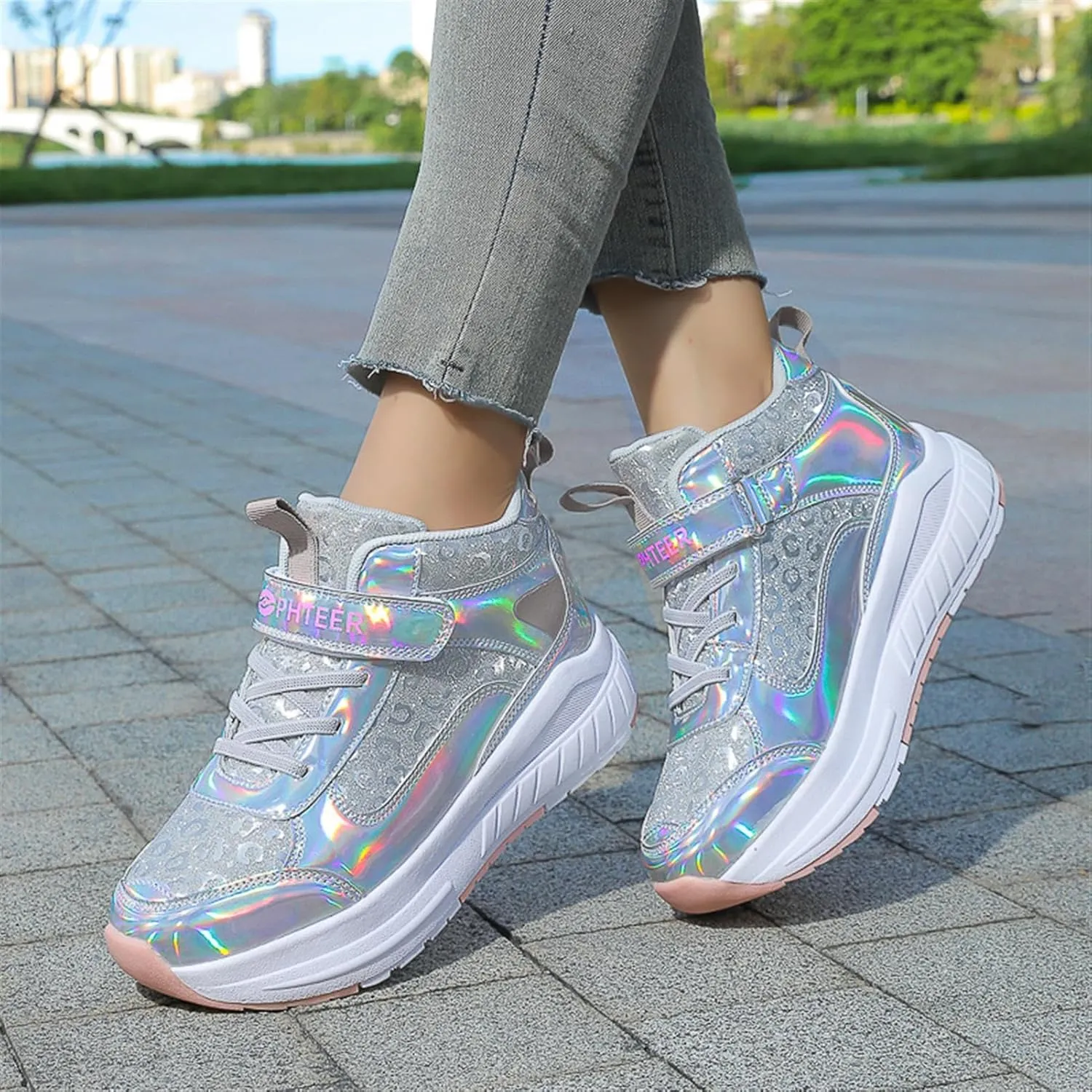 2024 Fashion Roller Skates Shoes for Girls High-Top, Pink Four-Wheel Skates Sneakers with Retractable Double Wheels, Perfect for Fitness and Cross-Training