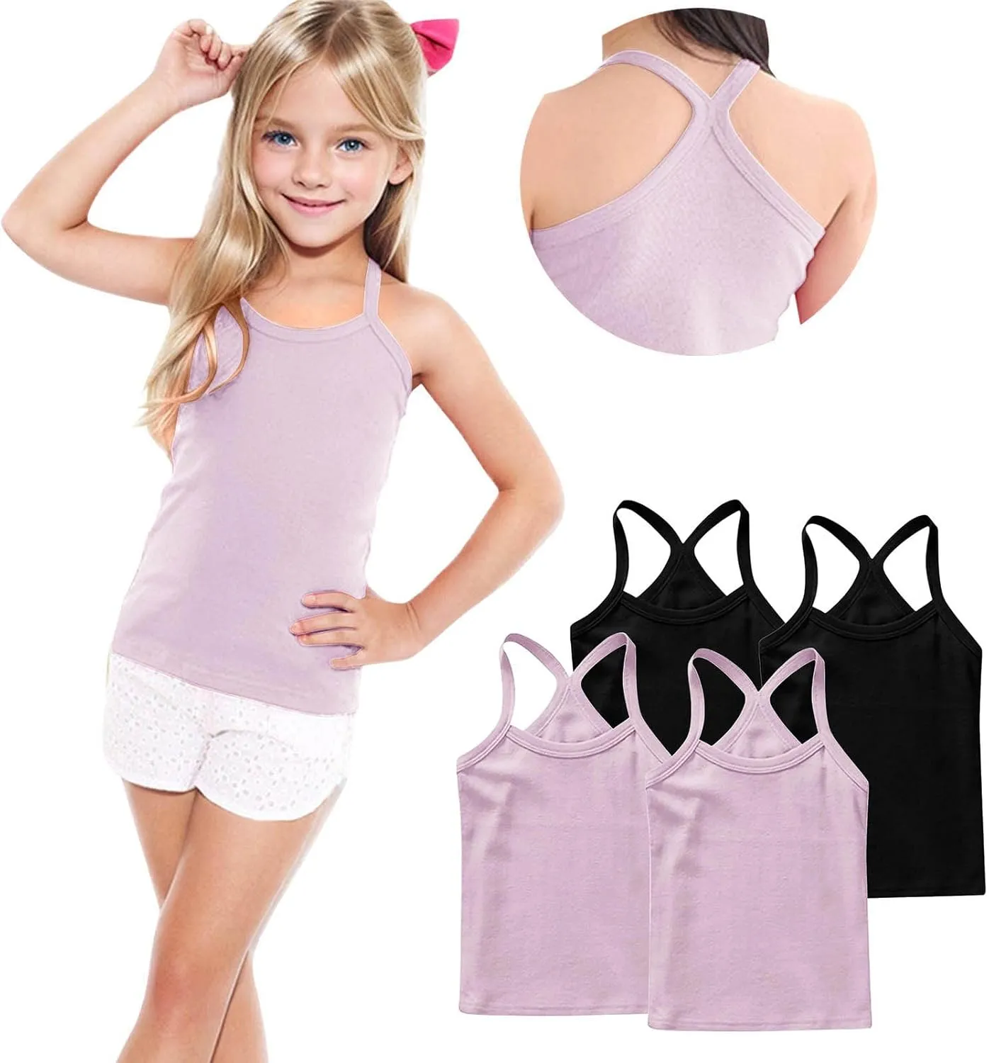 4-Pack Girls Tank Tops Racerback Camisole Undershirts Spaghetti Strap Basic Camis Dance Clothes for 1-13 Years