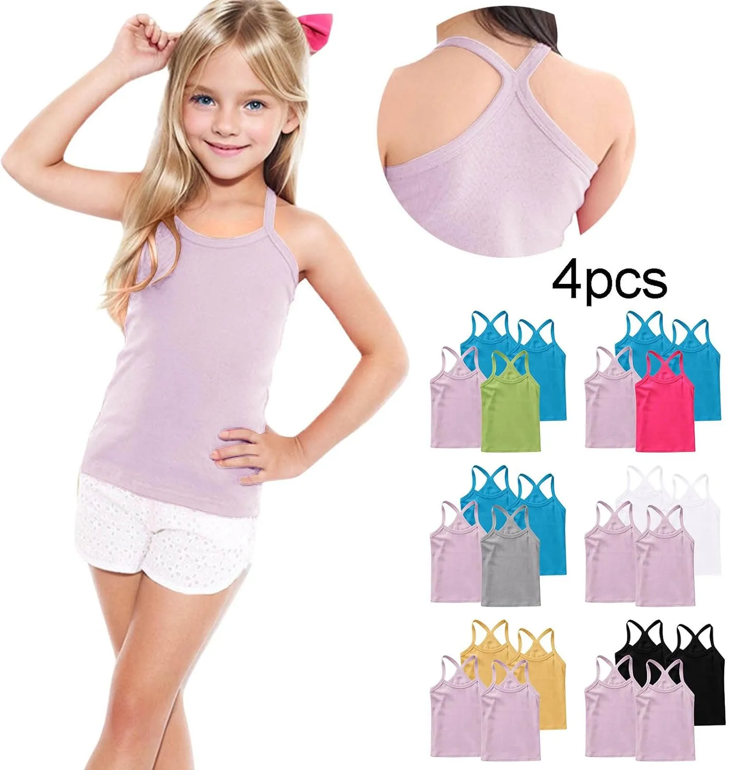4-Pack Girls Tank Tops Racerback Camisole Undershirts Spaghetti Strap Basic Camis Dance Clothes for 1-13 Years