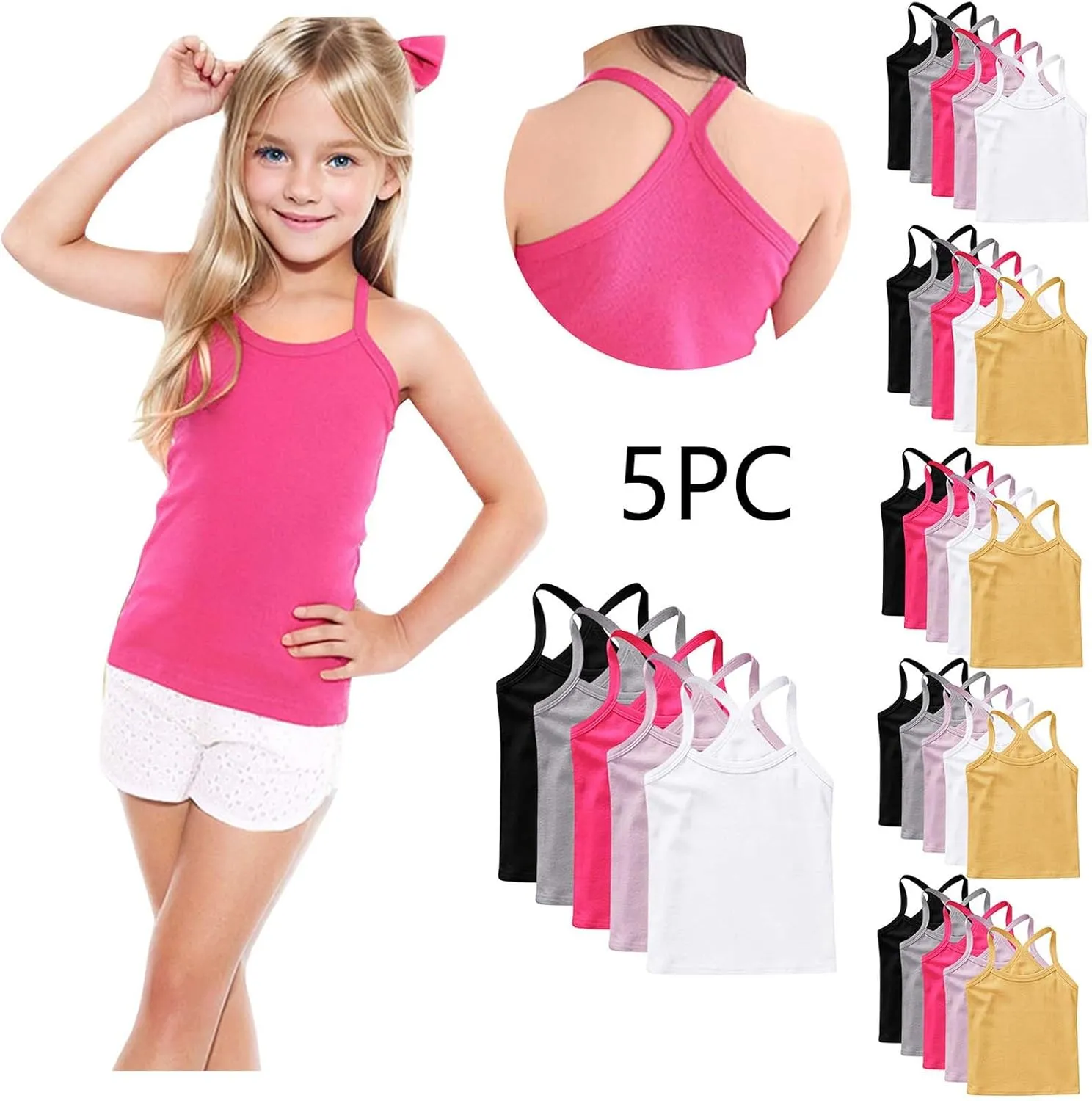 5-Pack Girls Racerback Camisole Tank Tops Spaghetti Strap Basic Undershirts Dance Clothes for 1-13 Years