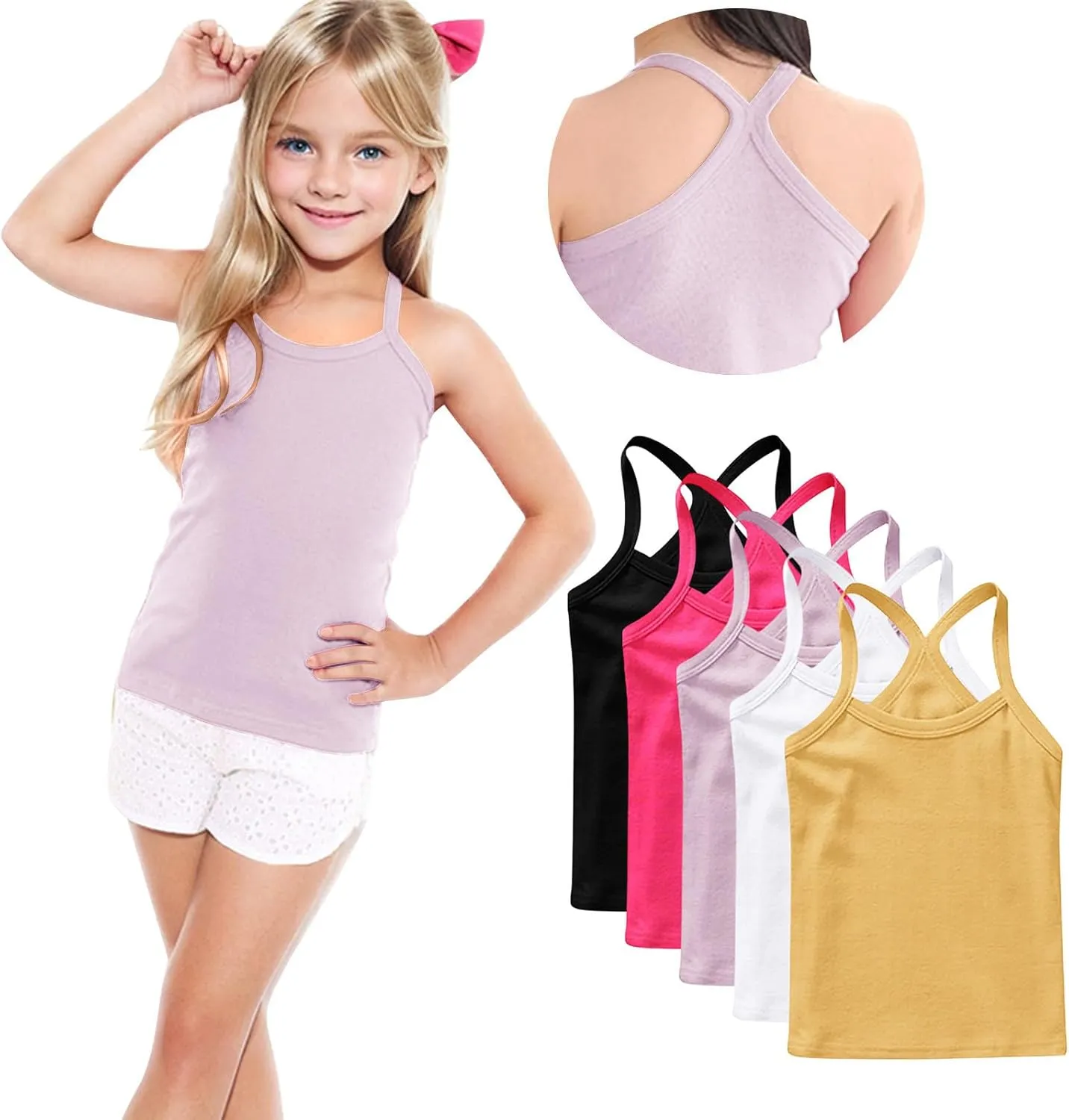 5-Pack Girls Racerback Camisole Tank Tops Spaghetti Strap Basic Undershirts Dance Clothes for 1-13 Years