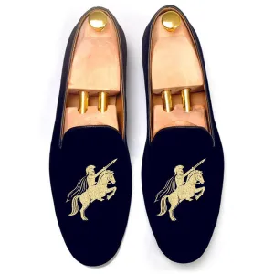 Blue Velvet Cavalry Embroidered Loafers