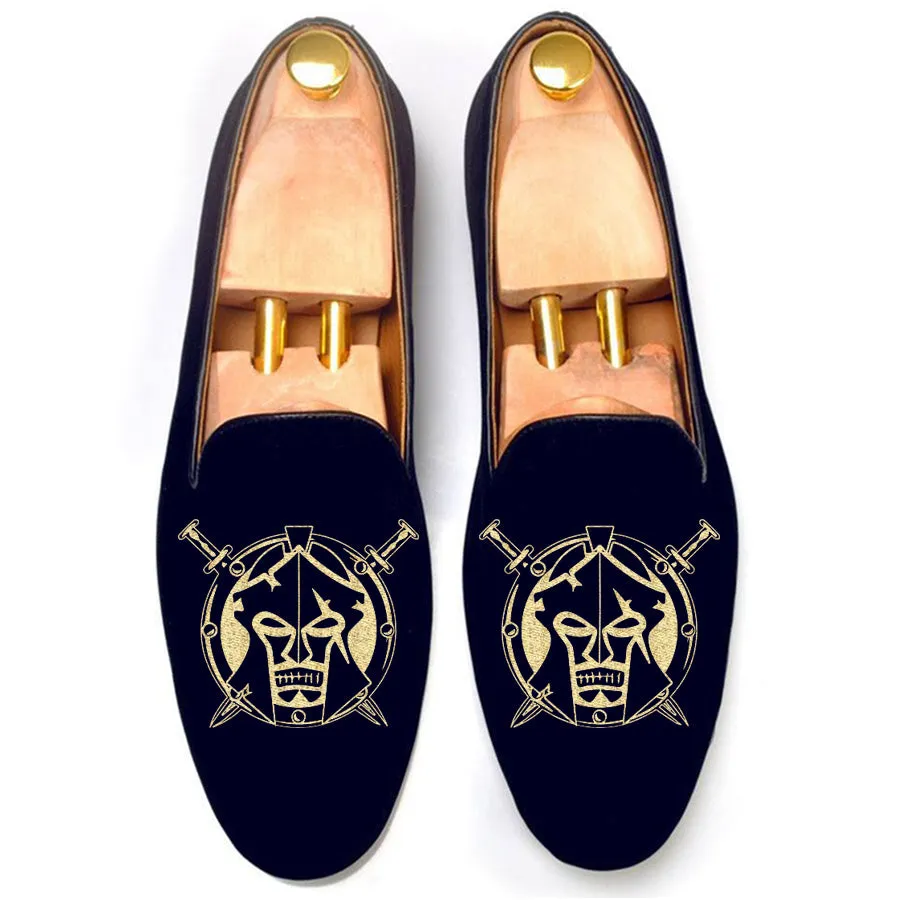 Blue Velvet Spartan Shield Embroidered Loafers