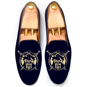 Blue Velvet Spartan Shield Embroidered Loafers
