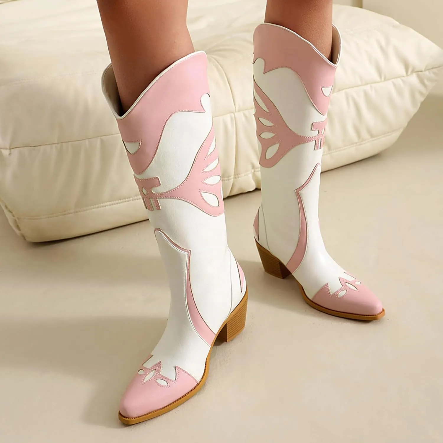 Butterfly Cowboy Boots for Women,Western Knee High Cowgirl Boot Vintage Sexy Pointed Toe Country boots Slip On Chunky Heel Girls Ladies Shoes.