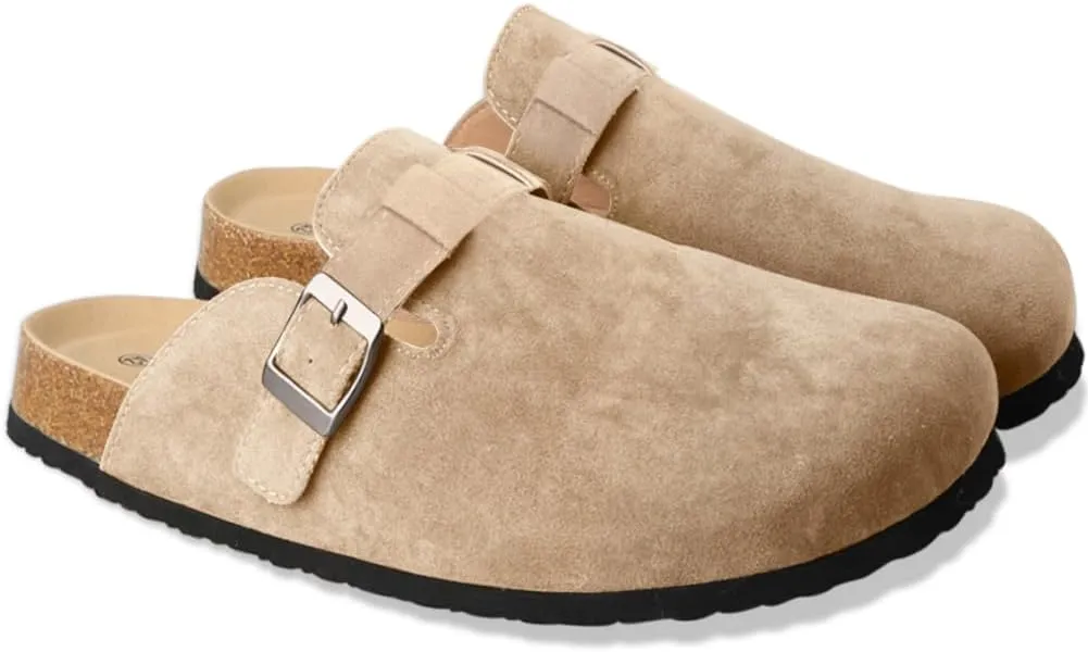 Clogs for Women Suede Soft Leather Clogs Classic Cork Clog Antislip Slippers Waterproof Mules House Sandals Buckle