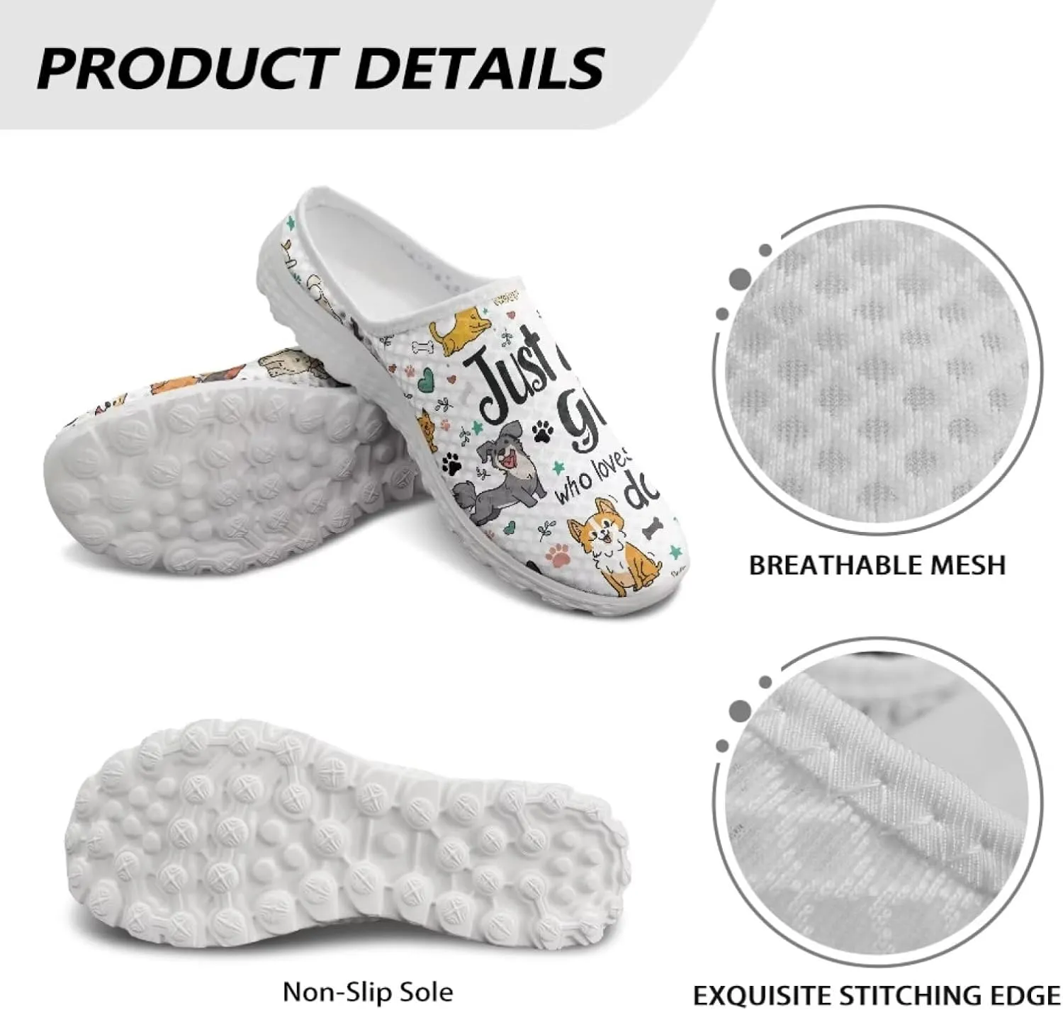 Dog Print Womens Mules Slip on Sneaker Round Toe Classic Garden Clogs Low Top Loafers Tennis Shoes