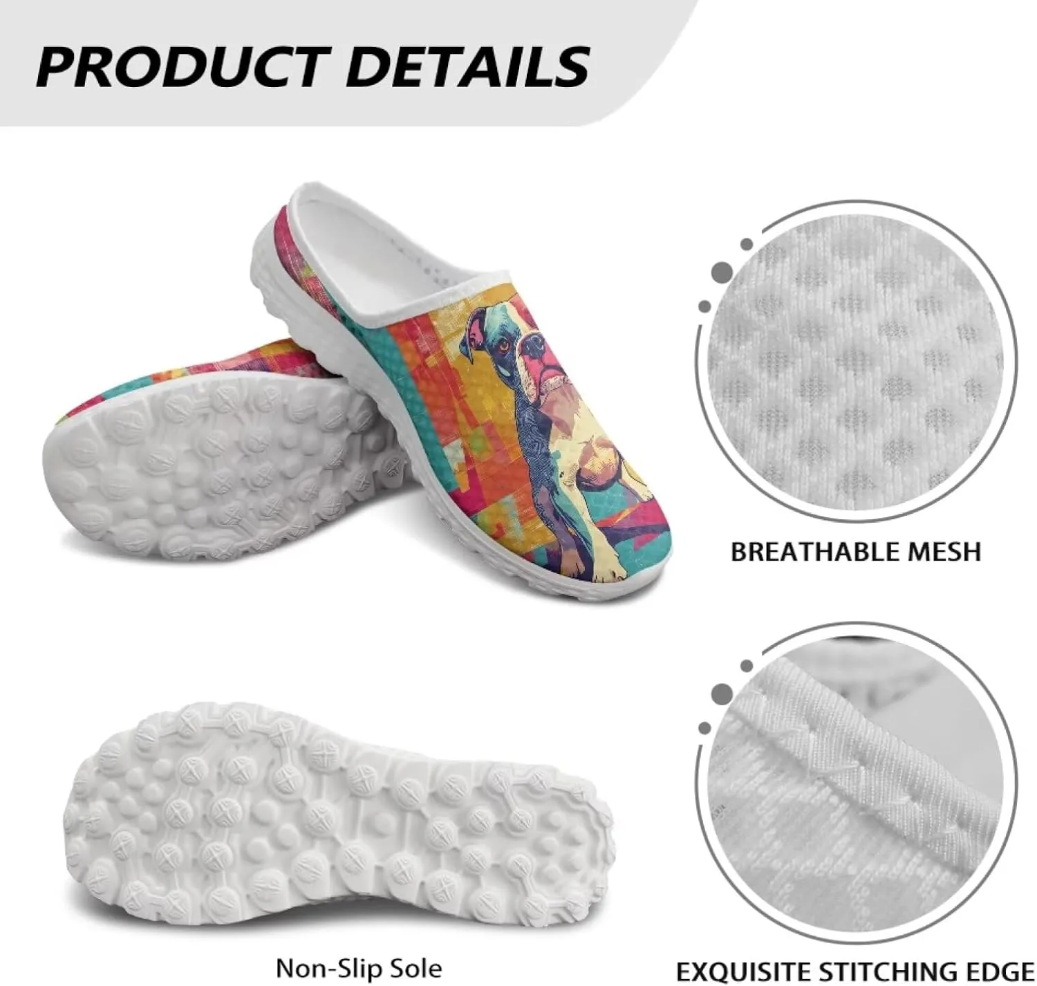 Dog Print Womens Mules Slip on Sneaker Round Toe Classic Garden Clogs Low Top Loafers Tennis Shoes