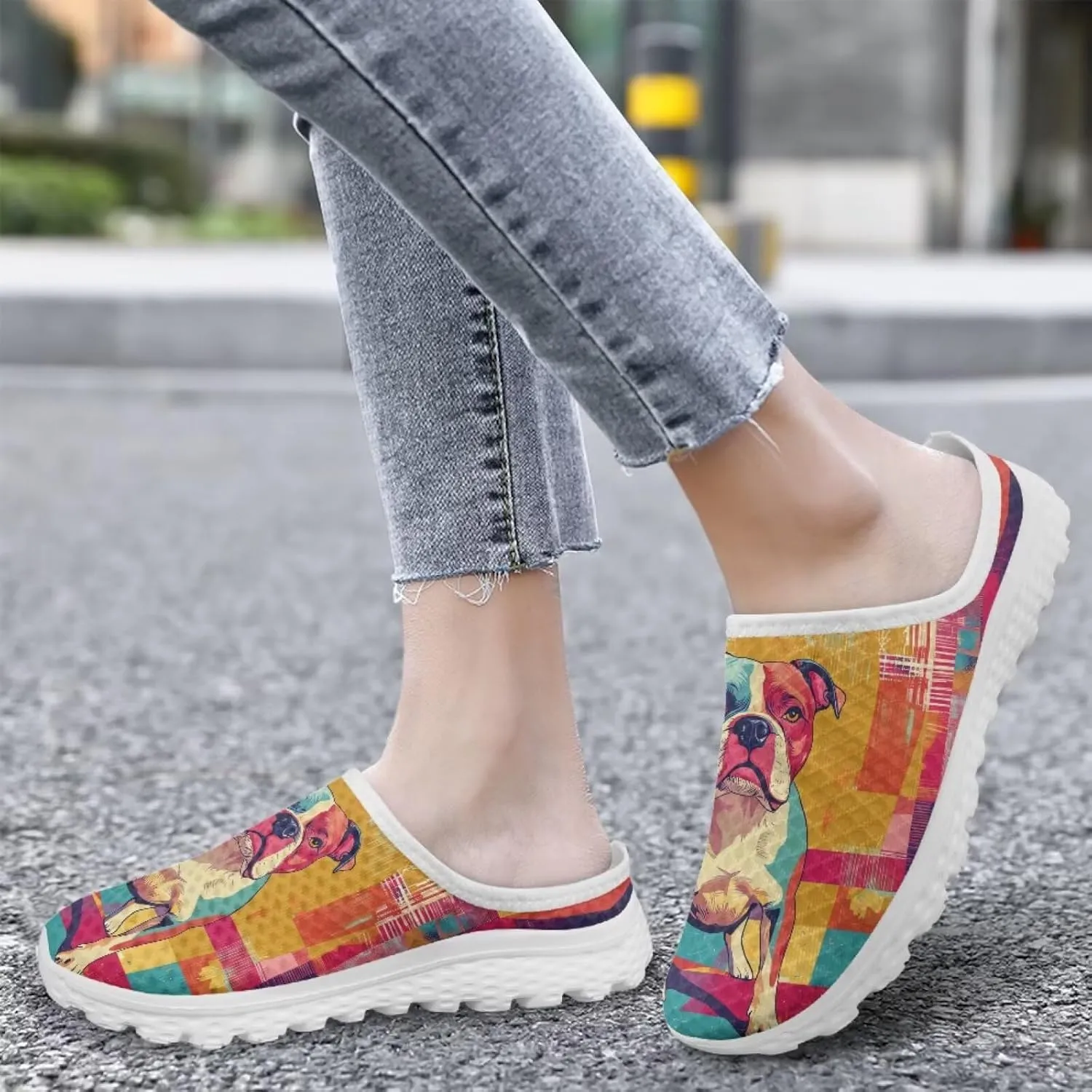 Dog Print Womens Mules Slip on Sneaker Round Toe Classic Garden Clogs Low Top Loafers Tennis Shoes