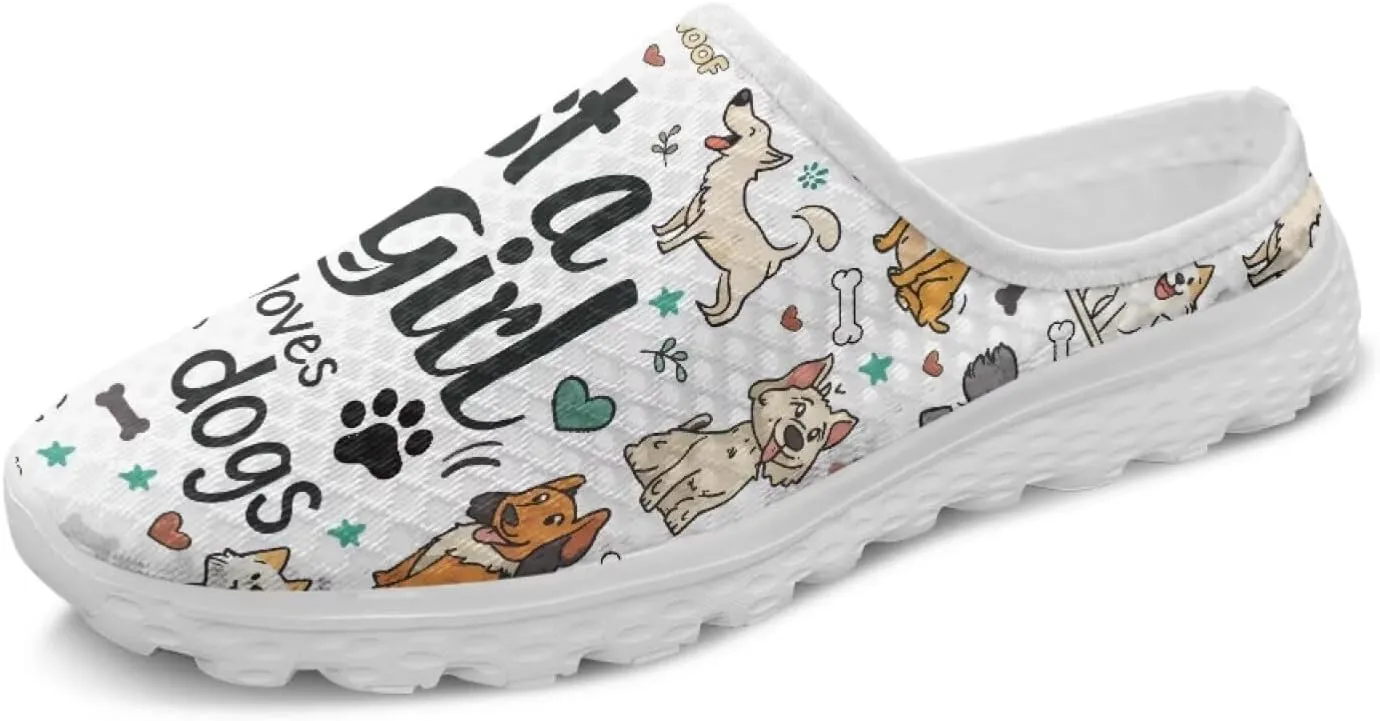 Dog Print Womens Mules Slip on Sneaker Round Toe Classic Garden Clogs Low Top Loafers Tennis Shoes