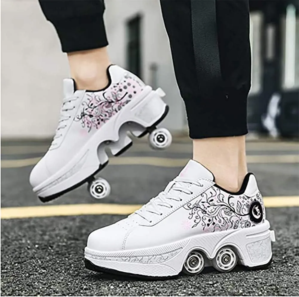 Double deform Wheel Automatic Walking Shoes Male and Female Skating Shoes Adult Children's Roller Shoes 2 in 1 Removable Pulley Skate Shoes