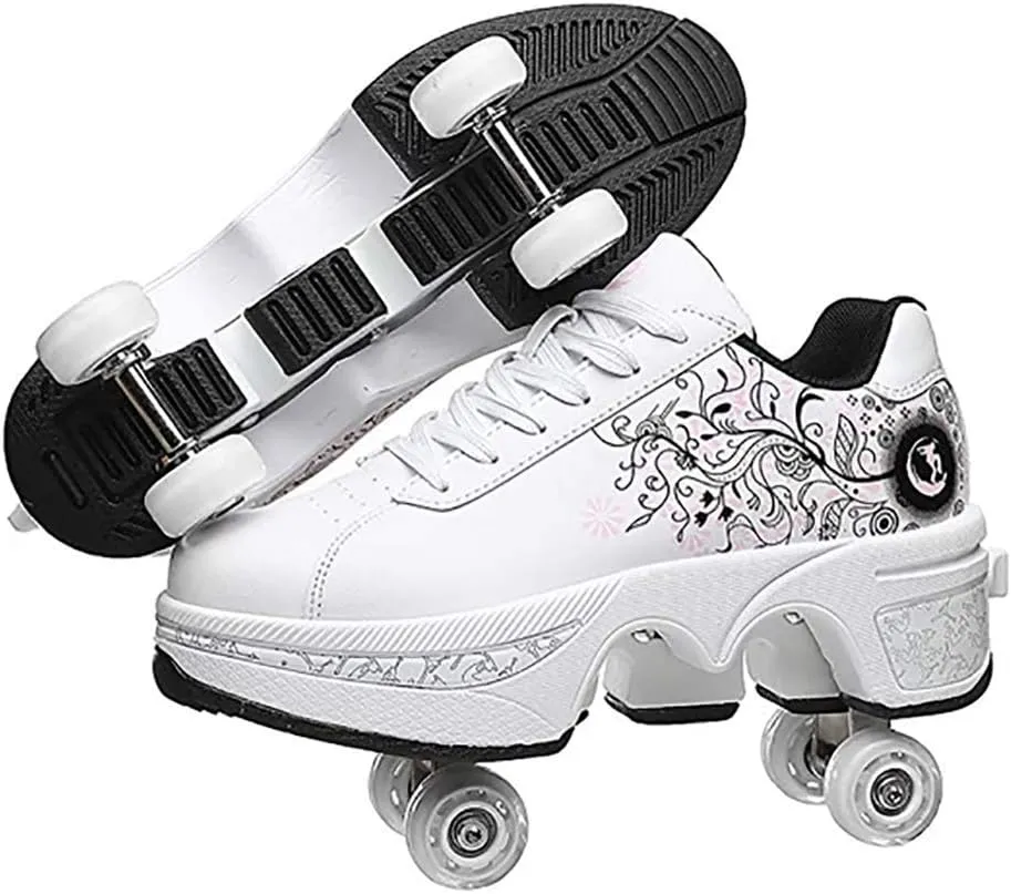 Double deform Wheel Automatic Walking Shoes Male and Female Skating Shoes Adult Children's Roller Shoes 2 in 1 Removable Pulley Skate Shoes