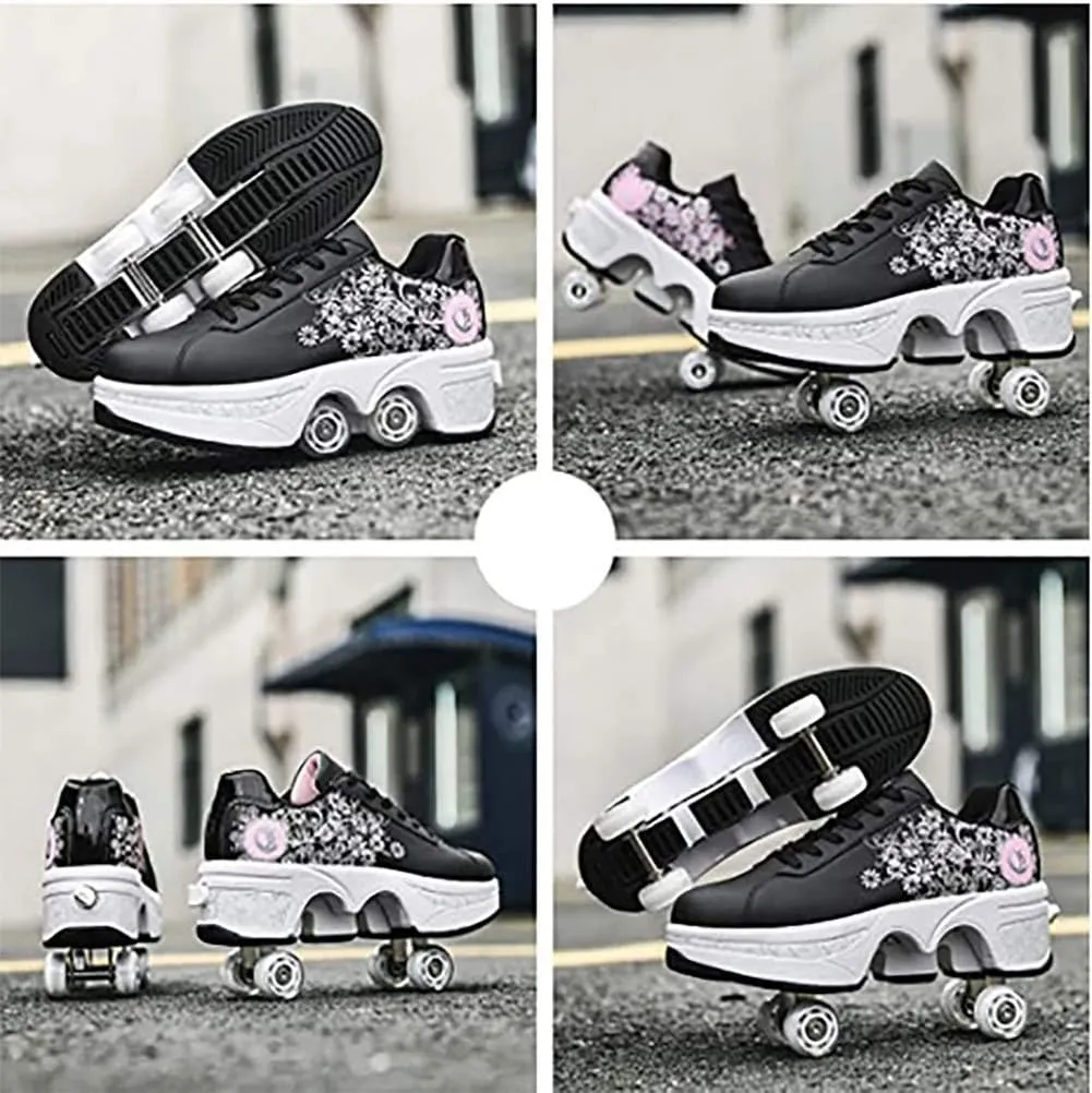 Double deform Wheel Automatic Walking Shoes Male and Female Skating Shoes Adult Children's Roller Shoes 2 in 1 Removable Pulley Skate Shoes