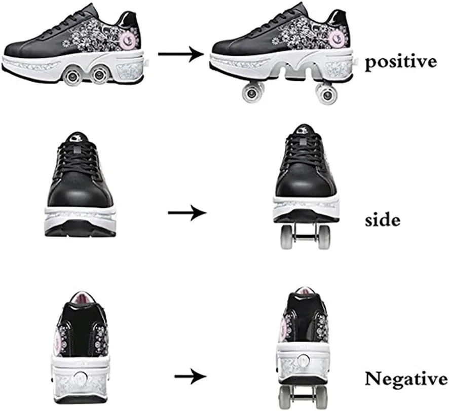 Double deform Wheel Automatic Walking Shoes Male and Female Skating Shoes Adult Children's Roller Shoes 2 in 1 Removable Pulley Skate Shoes