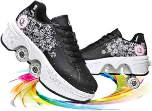 Double deform Wheel Automatic Walking Shoes Male and Female Skating Shoes Adult Children's Roller Shoes 2 in 1 Removable Pulley Skate Shoes