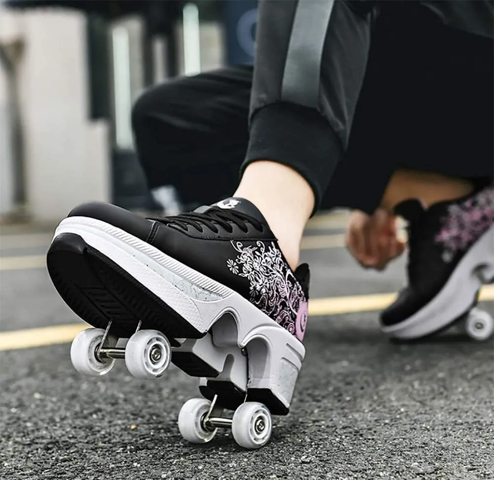 Double deform Wheel Automatic Walking Shoes Male and Female Skating Shoes Adult Children's Roller Shoes 2 in 1 Removable Pulley Skate Shoes