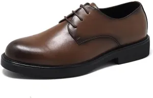 Dress Oxford for Men Lace Up Round Burnished Toe Derby Shoes Vegan Leather Block Heel Low Top Slip Resistant Party (Color : Brown, Size : 9)
