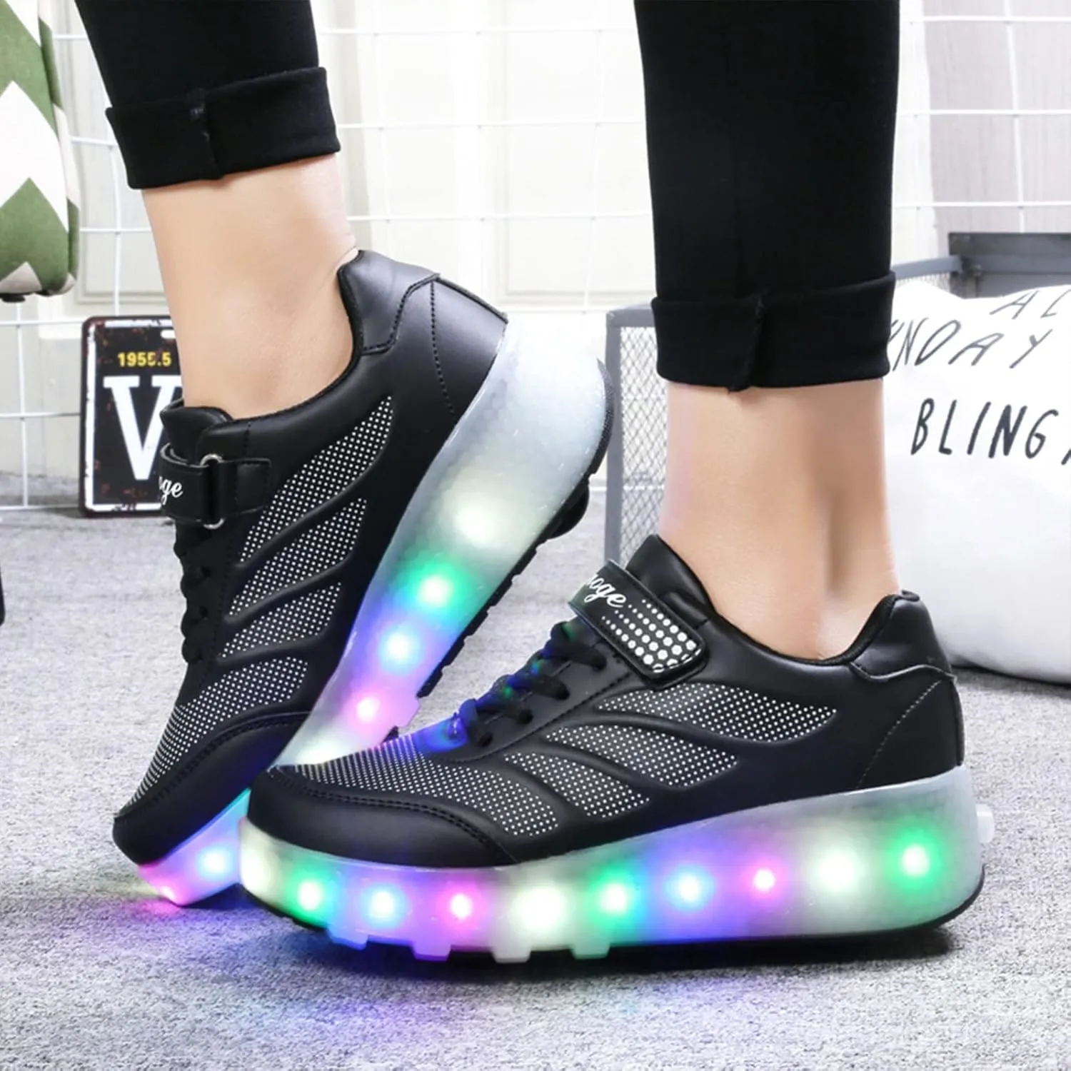 EMDPBD Child Roller Skates Shoes LED Sport Sneakers USB Rechargeable Roller Shoes for Boys Girls Beginners Gift,Black-4BigKid
