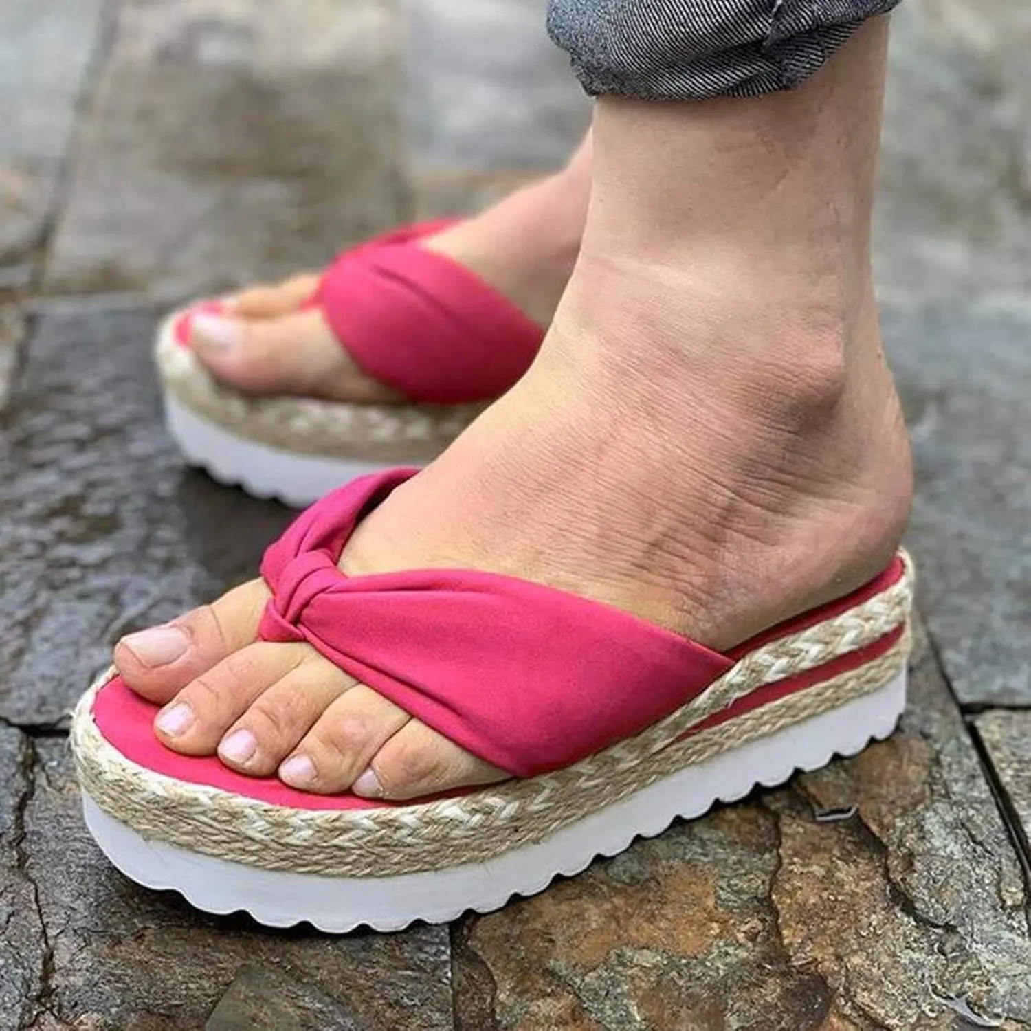 Espadrilles Slippers for Women Slip On Platform Sandals Ladies Thong Flip Flops Comfortable Summer Slippers Beach Vacation Comfy Walking Shoes Bow Open Toe Flats 2025 Fashion