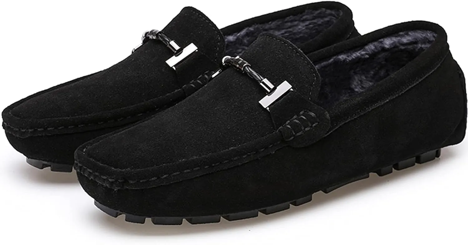 Fur Slippers Suede Leather Moccasin for Men Flat Loafer Casual Driving Slip On Winter Shoes