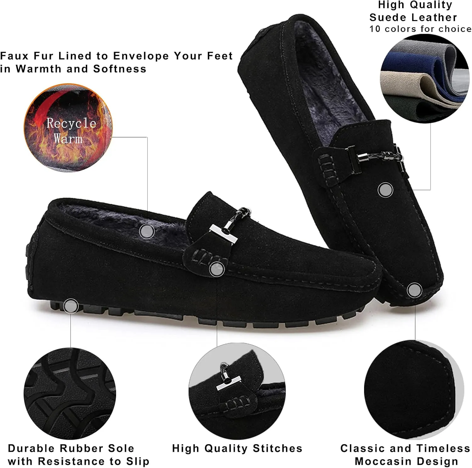 Fur Slippers Suede Leather Moccasin for Men Flat Loafer Casual Driving Slip On Winter Shoes