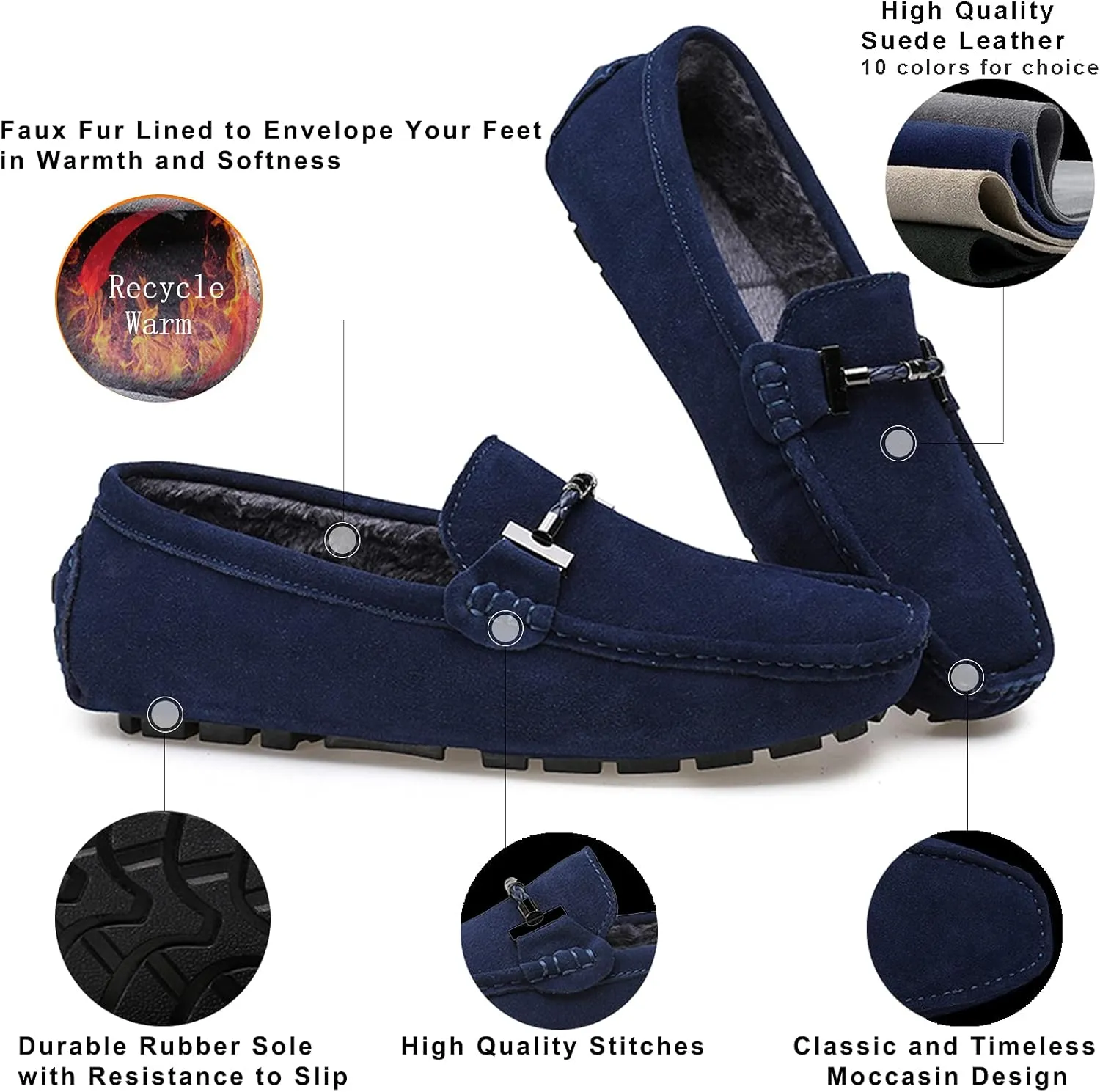 Fur Slippers Suede Leather Moccasin for Men Flat Loafer Casual Driving Slip On Winter Shoes