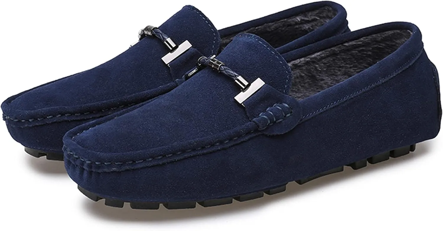 Fur Slippers Suede Leather Moccasin for Men Flat Loafer Casual Driving Slip On Winter Shoes