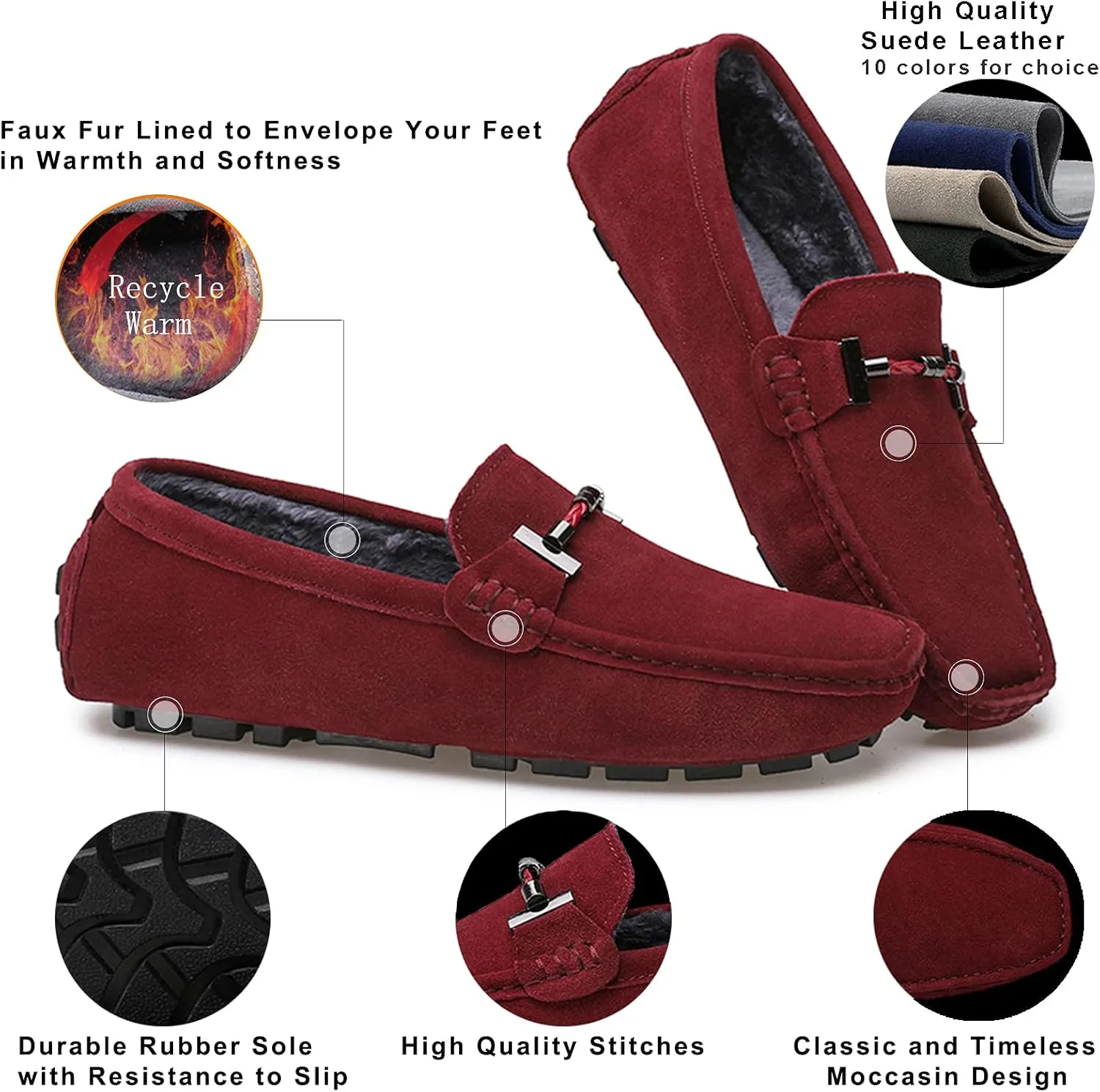 Fur Slippers Suede Leather Moccasin for Men Flat Loafer Casual Driving Slip On Winter Shoes