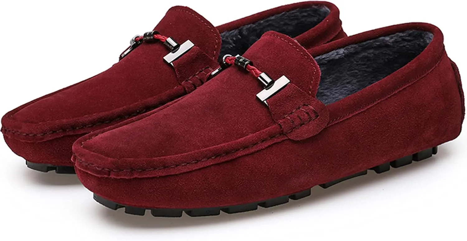 Fur Slippers Suede Leather Moccasin for Men Flat Loafer Casual Driving Slip On Winter Shoes
