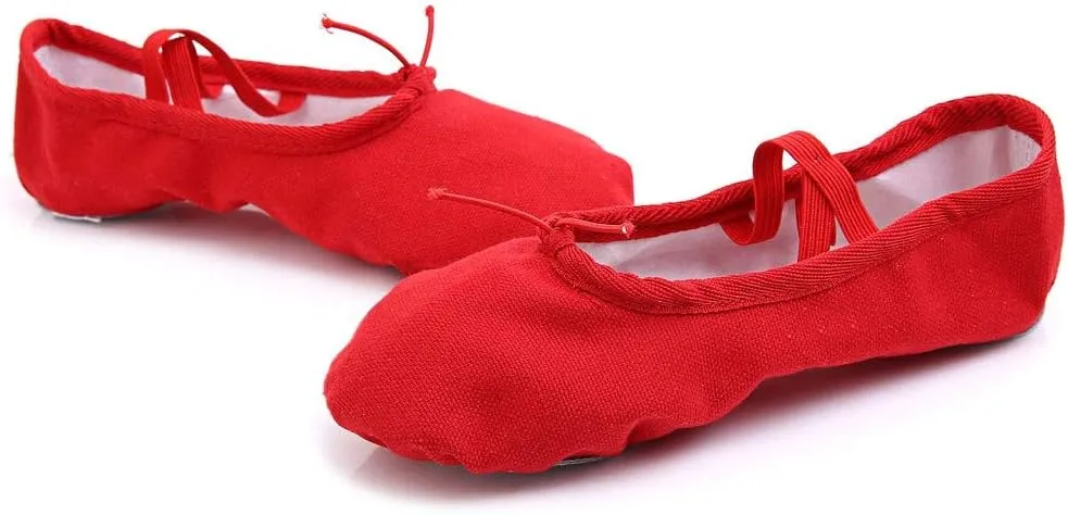 Girls Ballet Elastic Band Dance Shoes Canvas Gymnastics Flats Split Sole Shoes High Neck Shoes for (Red, 4-4.5 Years)