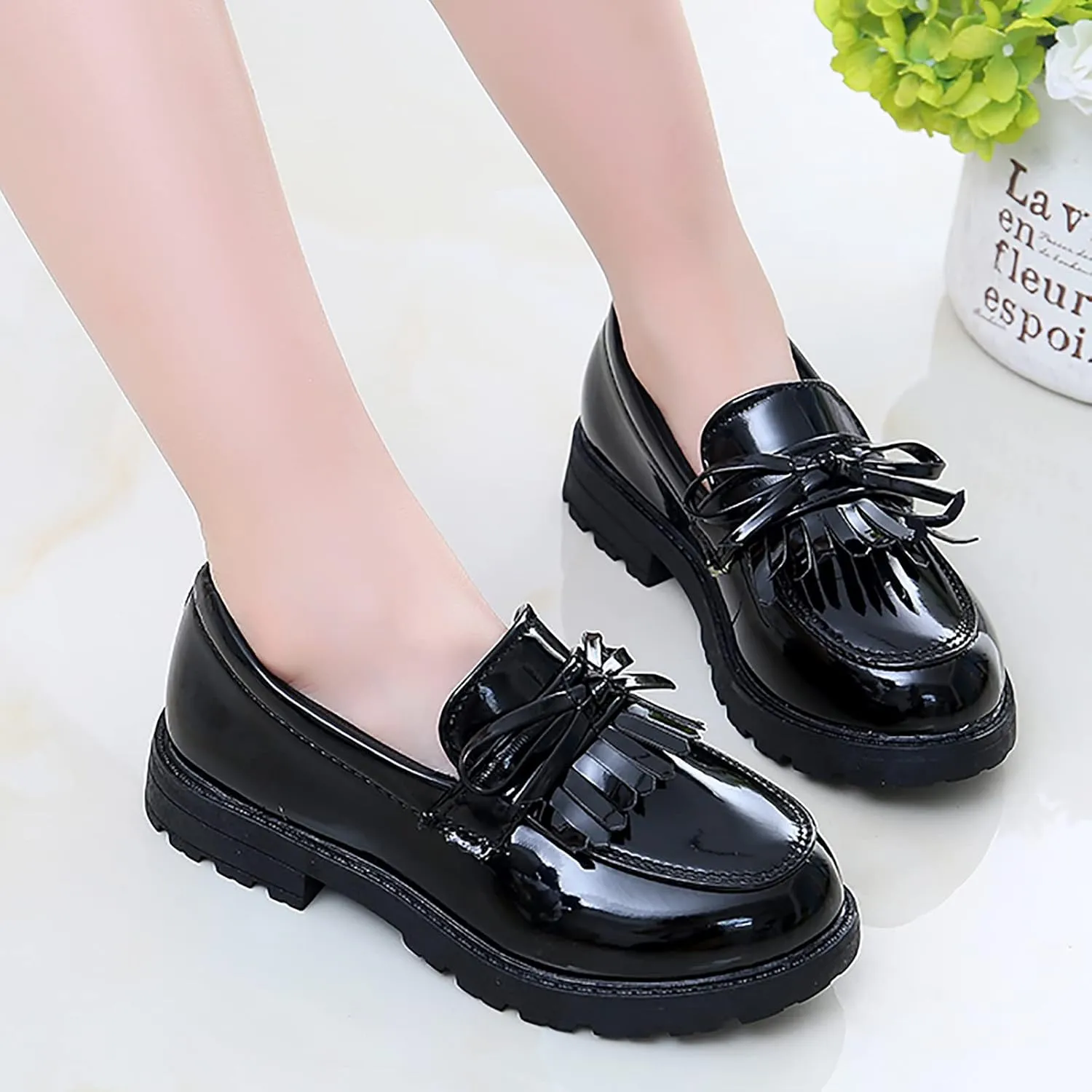 Girls Slip On Leather Loafer Tassel Bow Flats School Dress Shoes for Girls Fall Shows for Kids (Black, 32)