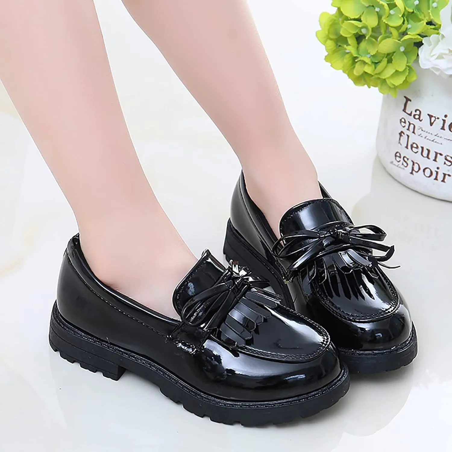 Girls Slip On Leather Loafer Tassel Bow Flats School Dress Shoes for Girls Fall Shows for Kids (Black, 32)
